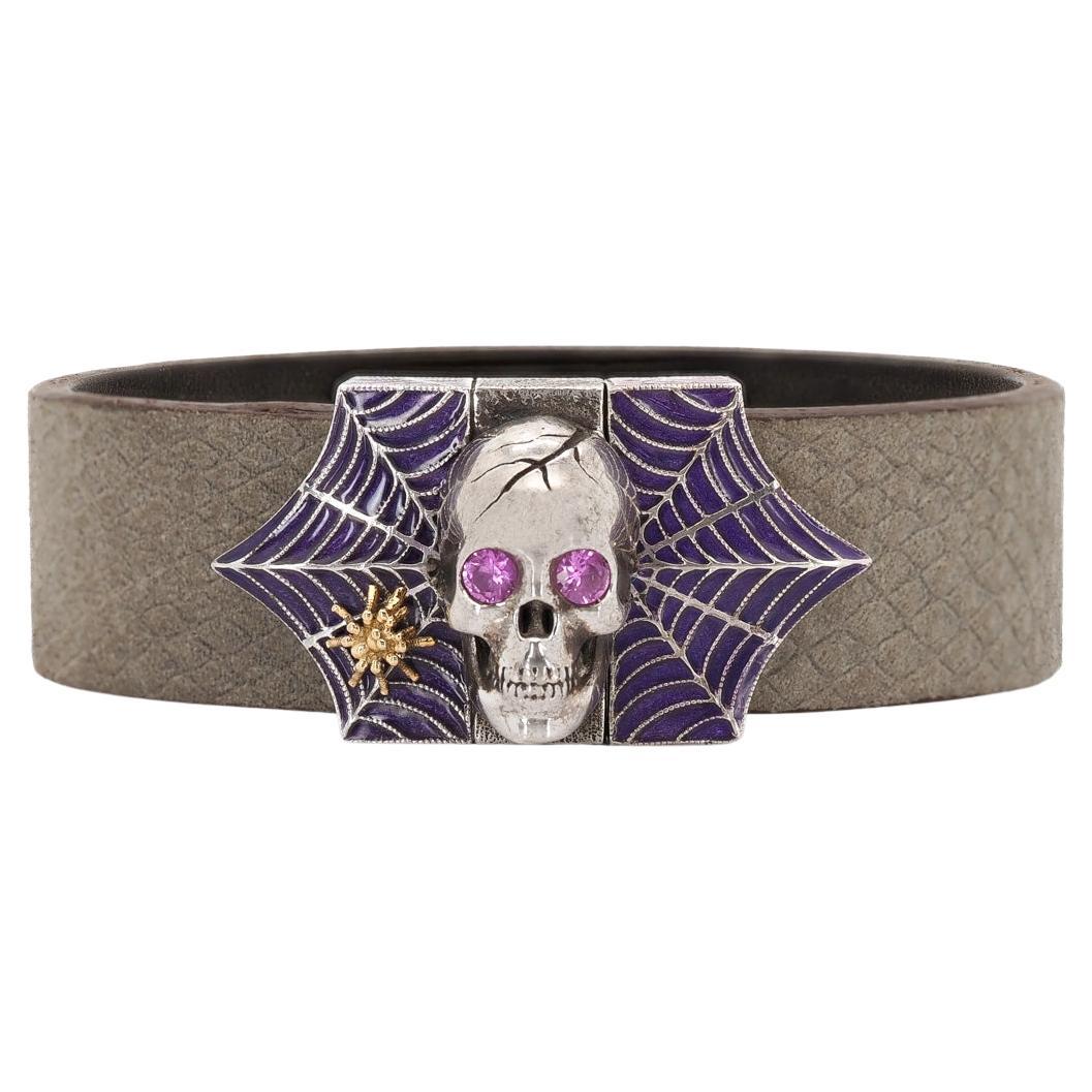 Taru Jewelry Skull and Spider Web Sapphire Silver Gold Purple Enamel Bracelet For Sale