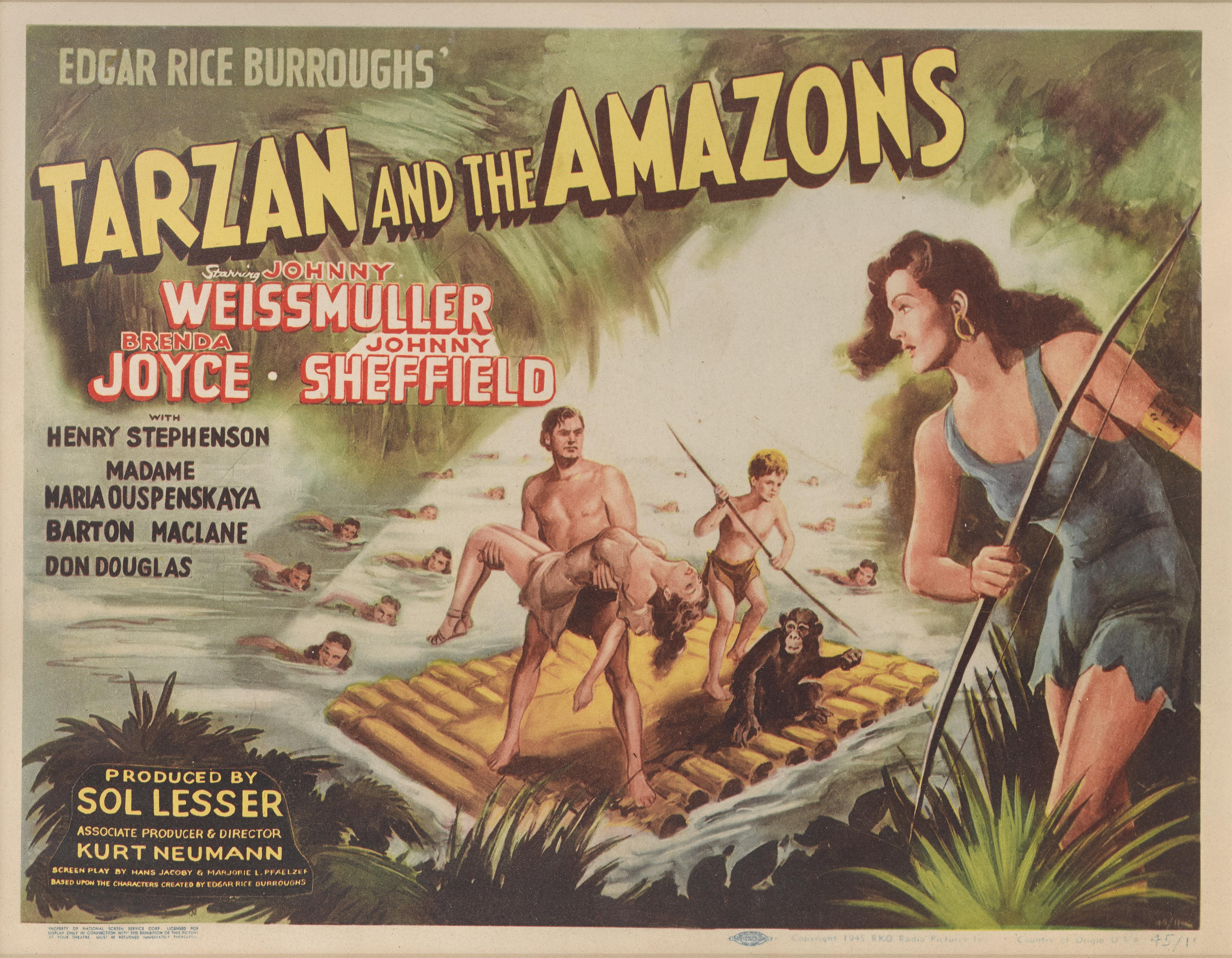 Original US Lobby card for Tarzan and the Amazons 1945 
This action advenure film starred Jonny Weissmuller and Brenda Joyce. The film was directed by Kurt Neumann. This is the Best card from the set of 8 lobby cards.
This Lobby card is