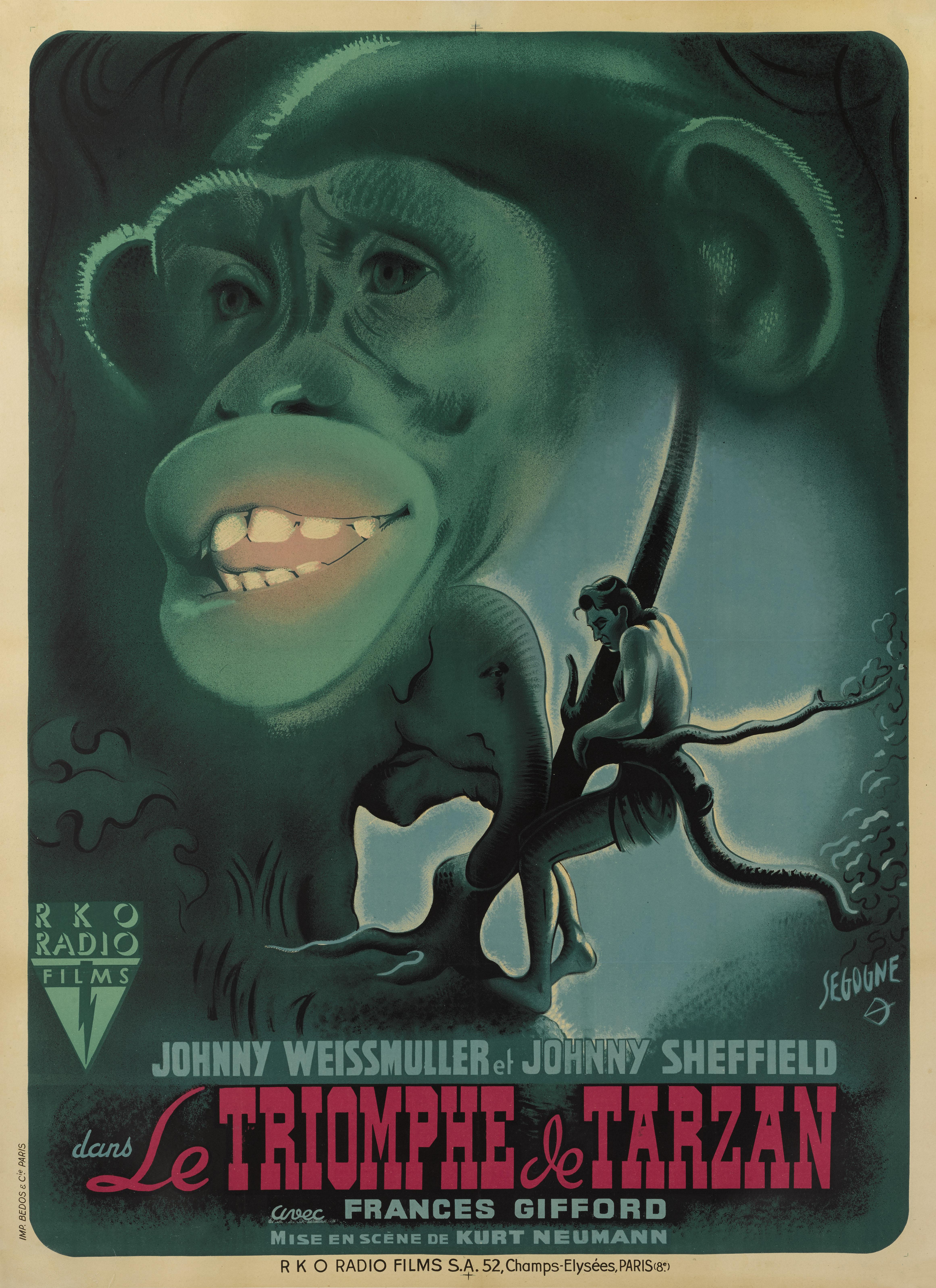 Original French film poster for the 1943 film Tarzan Triumphs.
This adventure film was directed by Wilhelm Thiele, and was based on the characters created by Edgar Rice Burroughs. Johnny Weissmuller plays Tarzan, as he fights the Nazis paratroopers