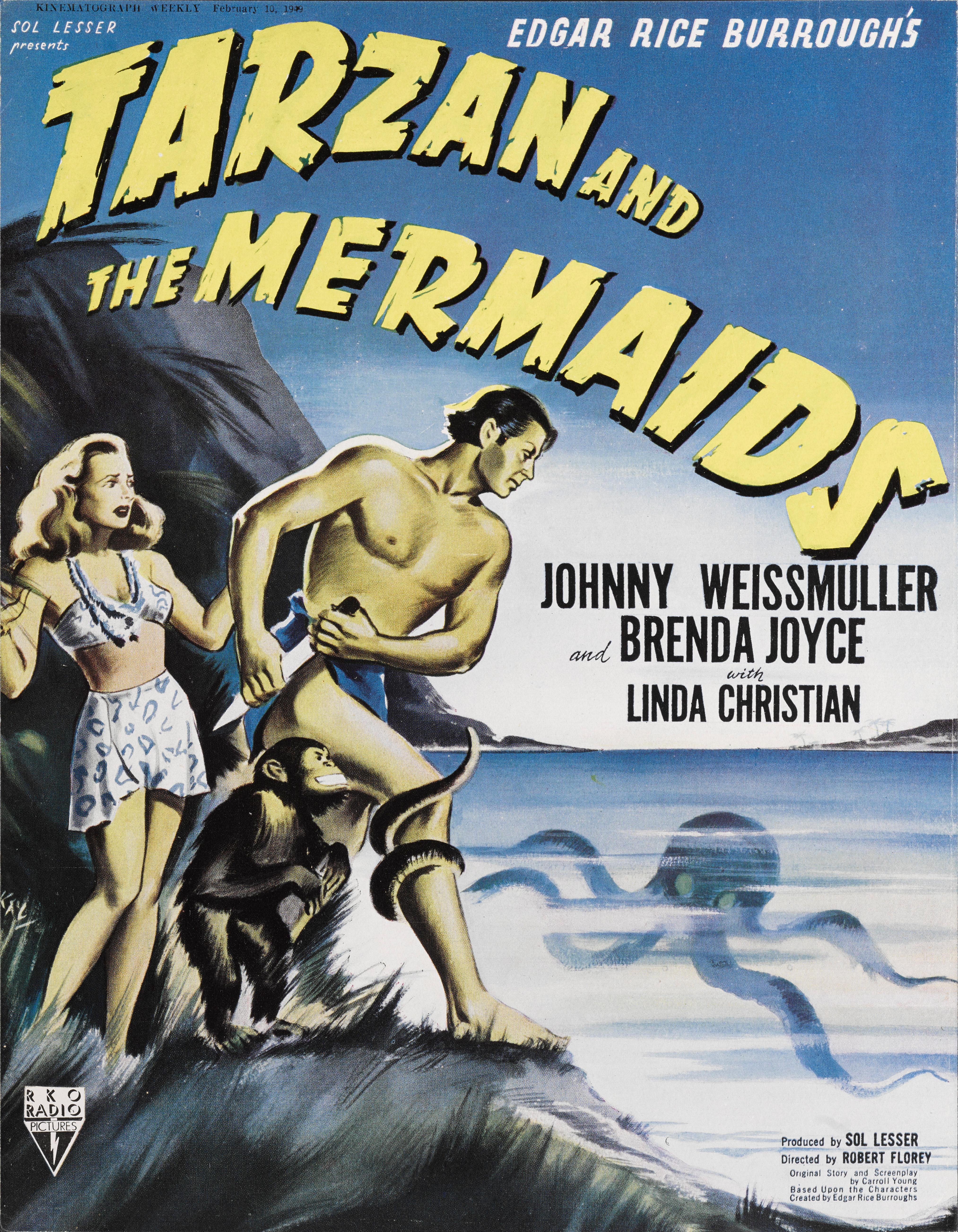 Original British trade advertisement for the 1948 adventure, fantasy science film Tarzan's and the Mermaids.
The film was directed by Robert Florey and starred Johnny Weissmuller, Brenda Joyce, Linda Christian.
The piece is conservation paper