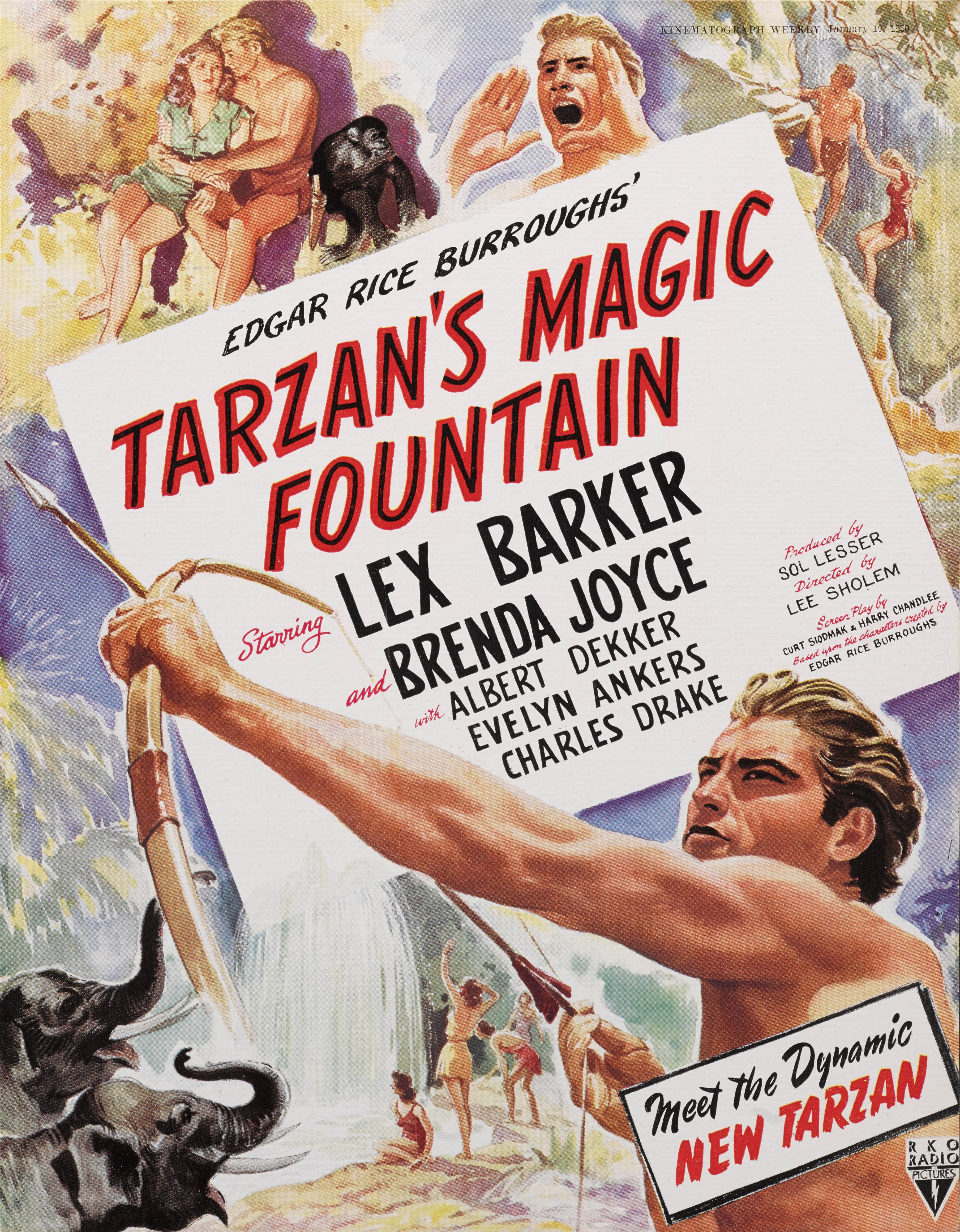Original British trade advertisement for the 1949 adventure, fantasy science film Tarzan's Magic Fountain.
The film was directed by Lee Sholem and starred Lex Barker, Brenda Joyce, Albert Dekker
The piece is conservation paper backed and would be