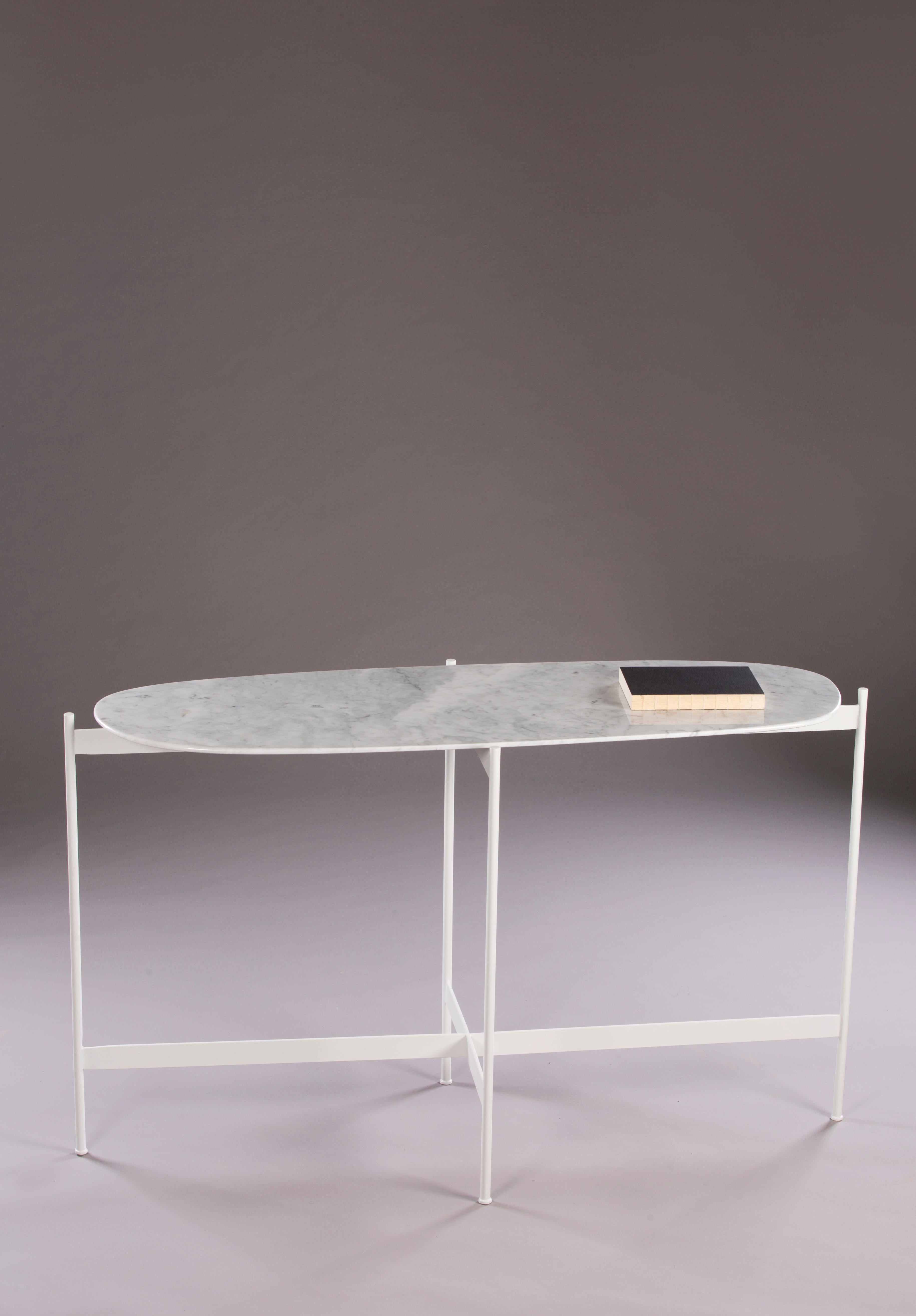 Tas console by Rectangle Studio
Dimensions: W 125 x D 45 x H 75 cm 
Materials: White marble, white paint coating on metal

The table is shaped and finished by the designer. For this reason, each table has different and distinctive edge finishes.