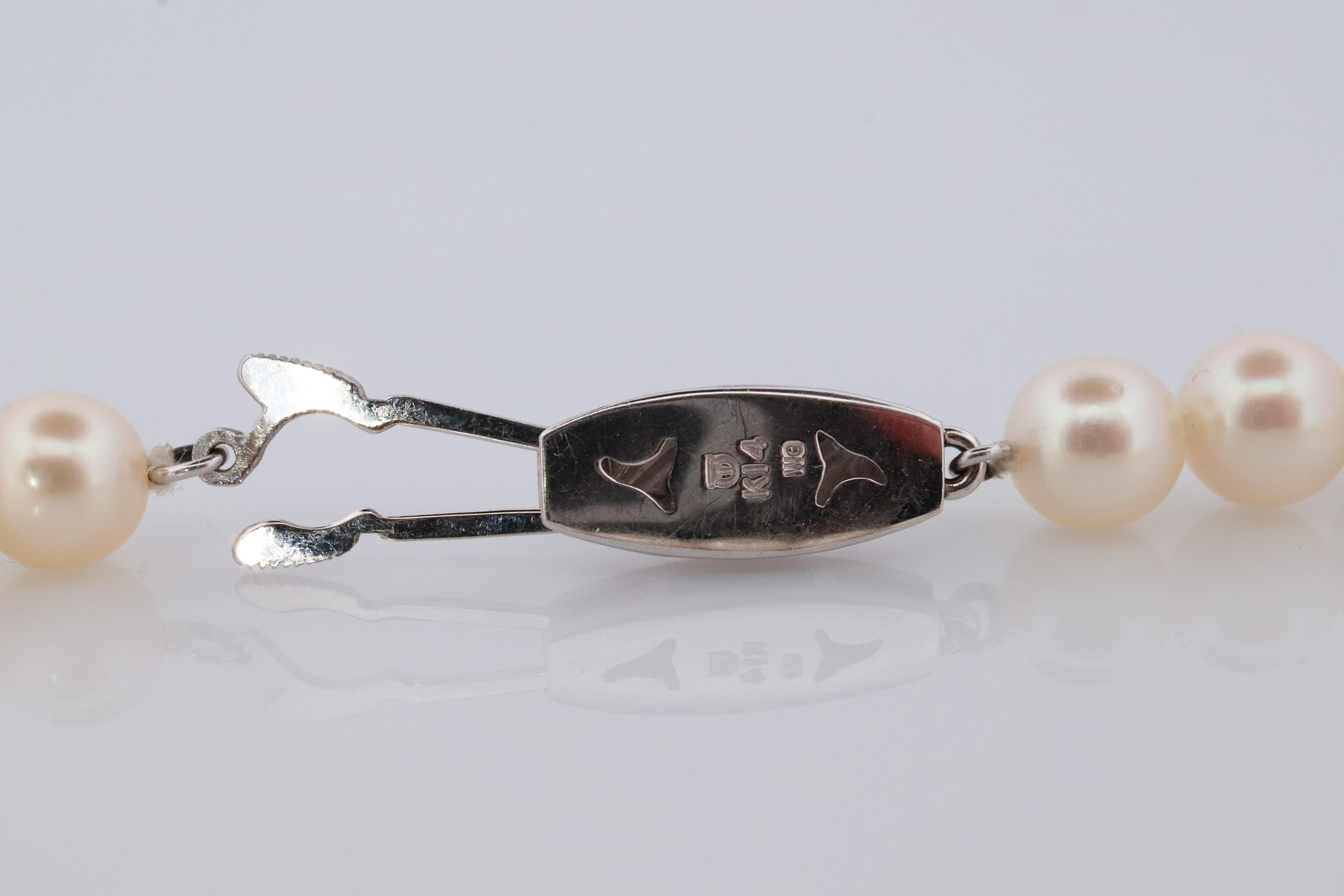 Round Cut TASAKI 14k White Gold Pearl Necklace. 7mm Pearls Necklace. Japanese Pearls. For Sale