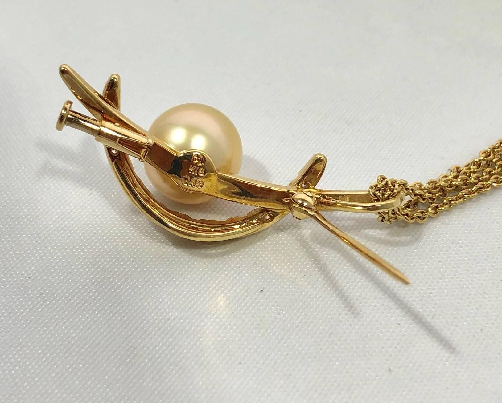 Tasaki 18 Karat Diamond and Natural Pearl Pendant/Pin 18 Karat Chain Necklace For Sale 3