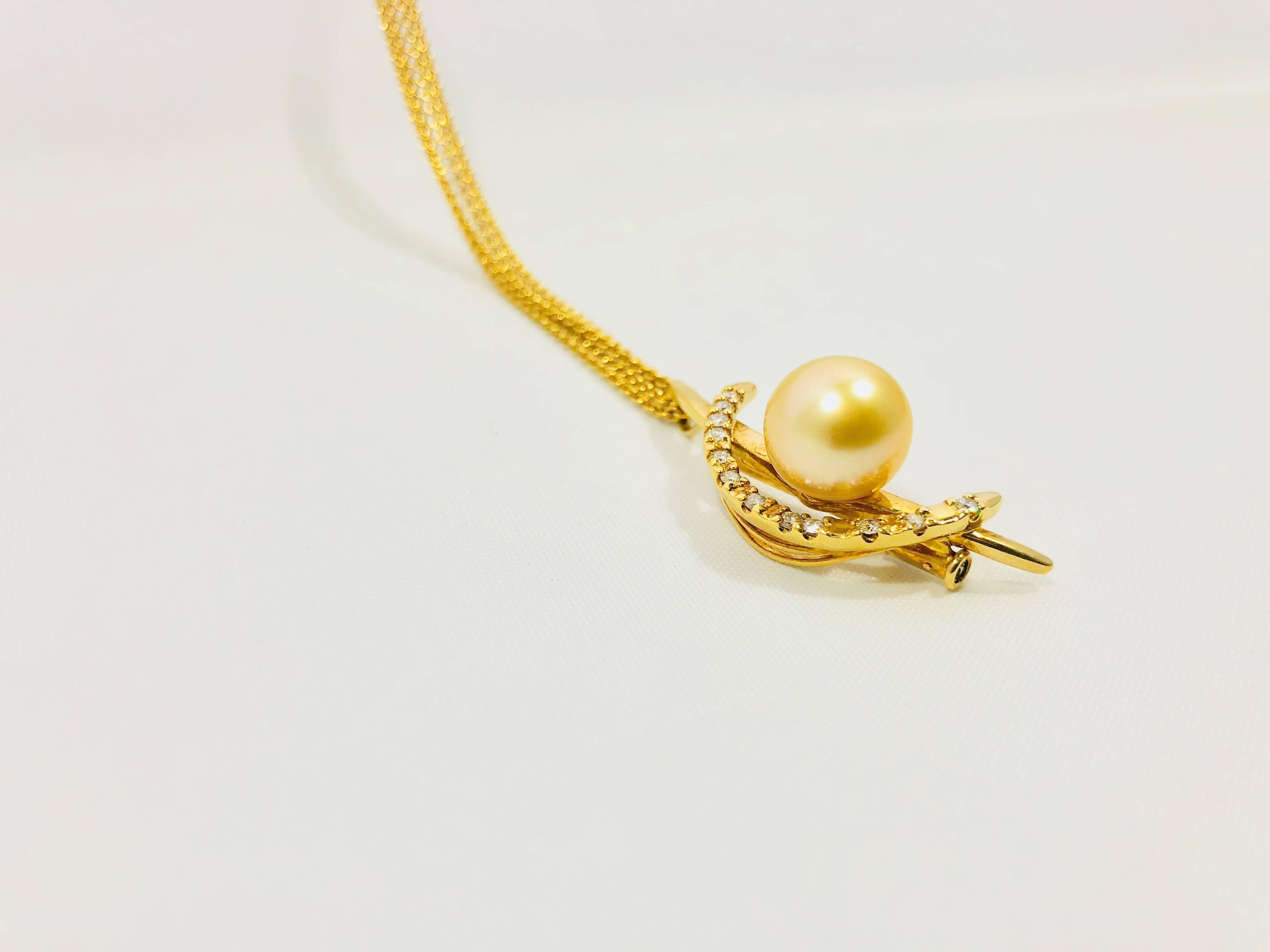 Modern Tasaki 18 Karat Diamond and Natural Pearl Pendant/Pin 18 Karat Chain Necklace For Sale