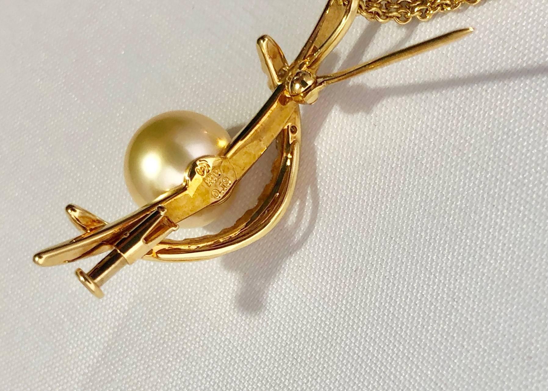 Tasaki 18 Karat Diamond and Natural Pearl Pendant/Pin 18 Karat Chain Necklace For Sale 1