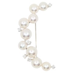 Tasaki 18K White Gold Diamonds Pearl Moon Brooch