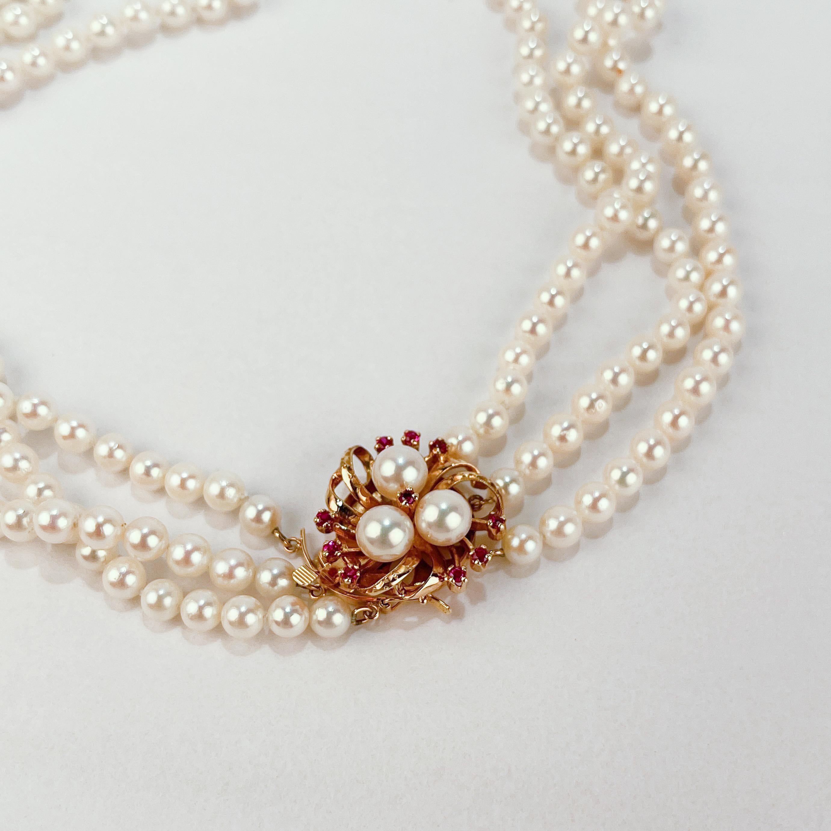 Tasaki 3-Strand Akoya Pearl, 14 Karat Gold & Ruby Necklace 2