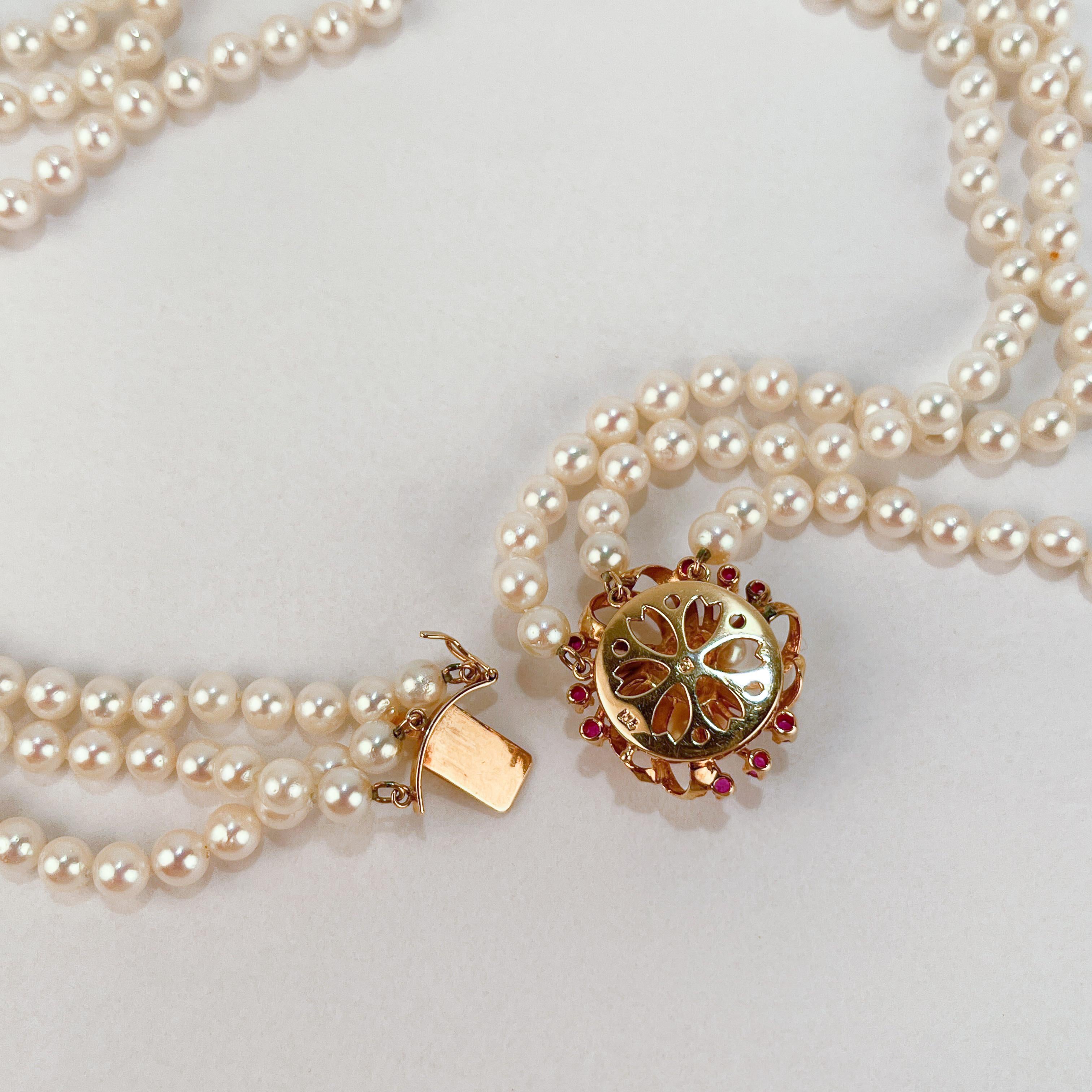 Tasaki 3-Strand Akoya Pearl, 14 Karat Gold & Ruby Necklace 5