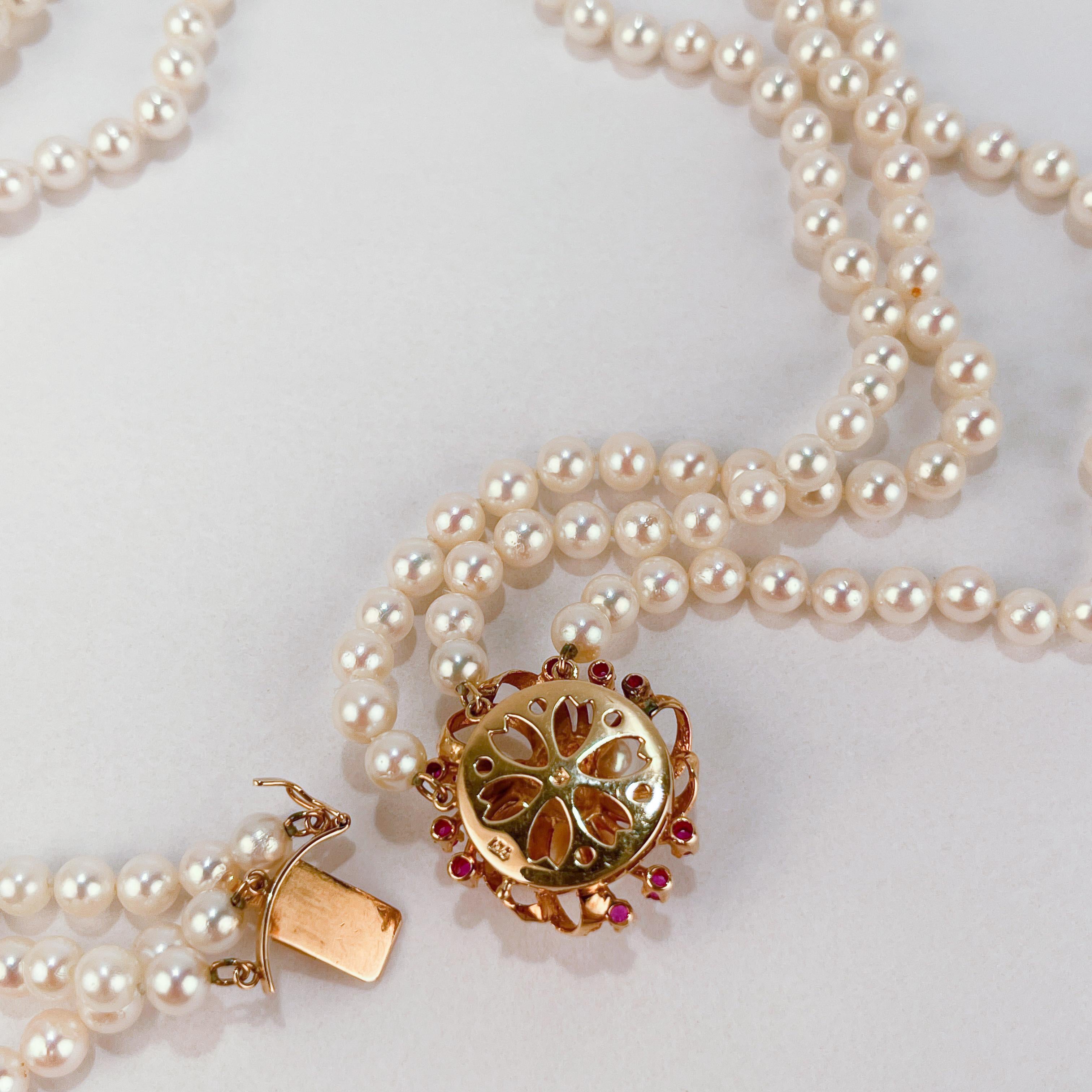 Tasaki 3-Strand Akoya Pearl, 14 Karat Gold & Ruby Necklace 6
