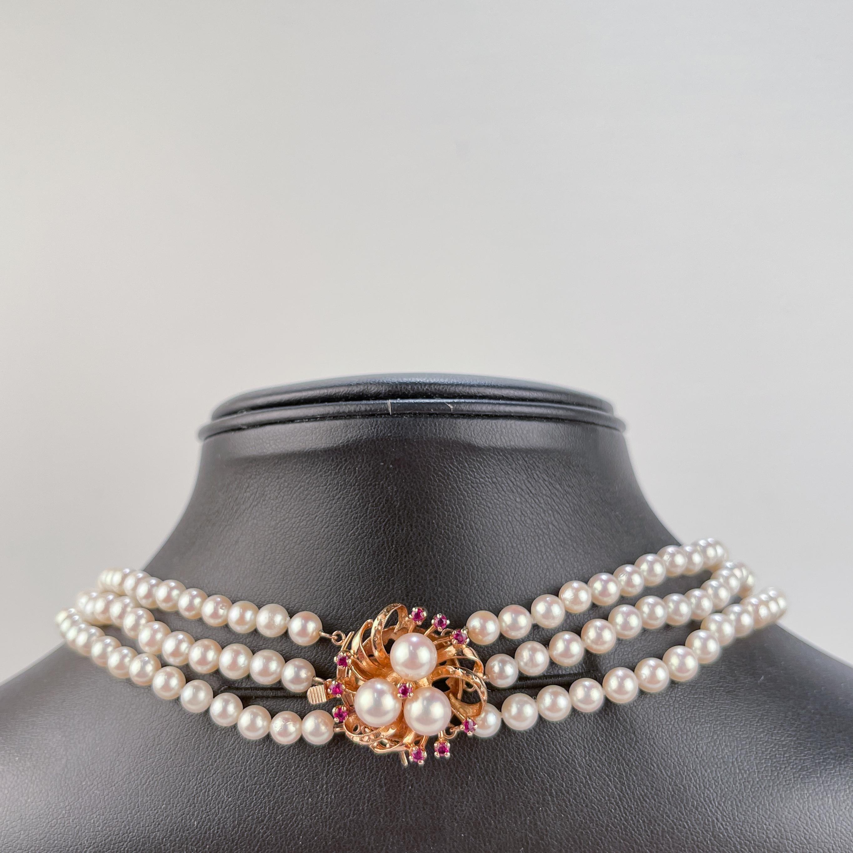 Edwardian Tasaki 3-Strand Akoya Pearl, 14 Karat Gold & Ruby Necklace