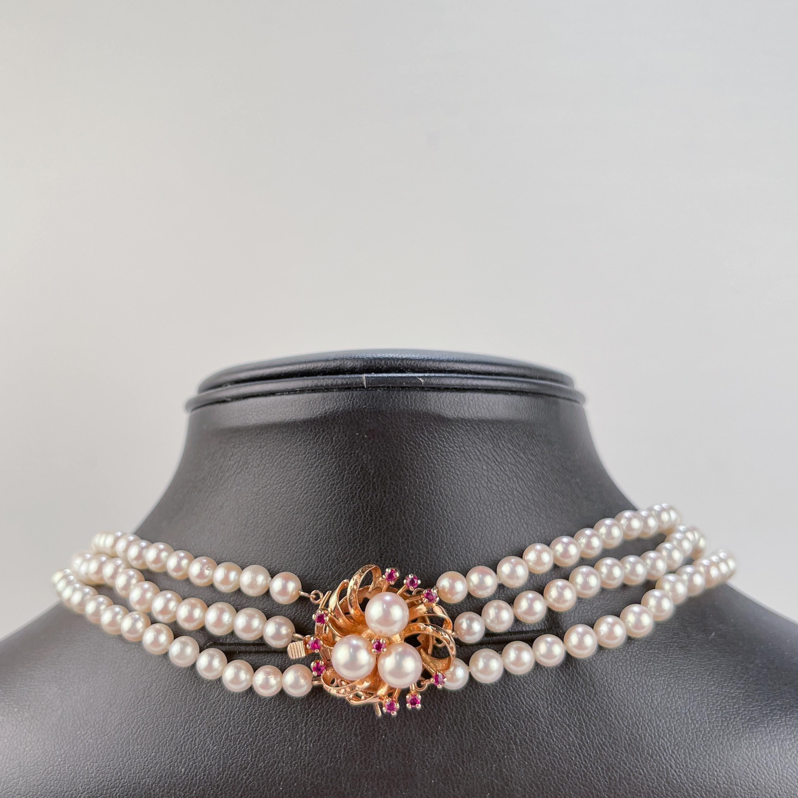 Edwardian Tasaki 3-Strand Akoya Pearl, 14 Karat Gold & Ruby Necklace  