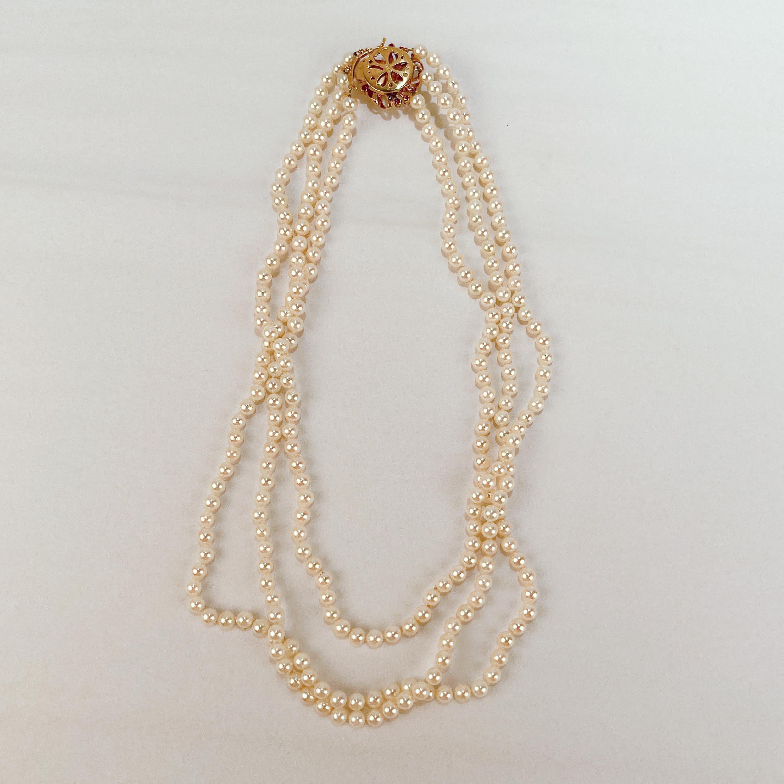 Tasaki 3-Strand Akoya Pearl, 14 Karat Gold & Ruby Necklace 1
