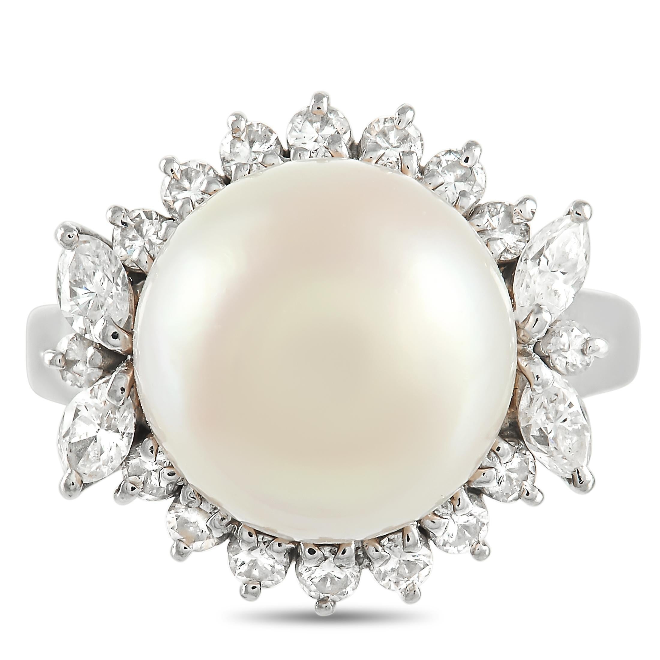Tasaki Platinum 0.90 Ct Diamond and Pearl Ring In Excellent Condition In Southampton, PA