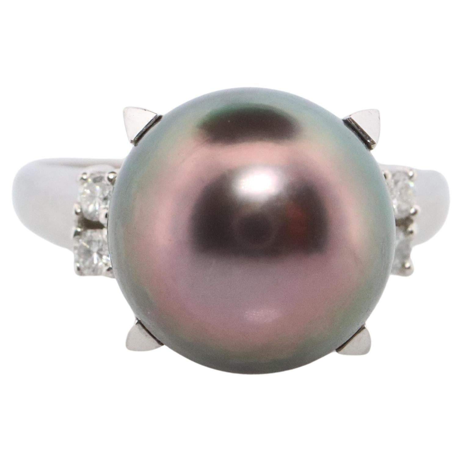 TASAKI Ring. Echte Tahiti-Perle Solitär und Diamant. PT900 Großer Tahitianer.