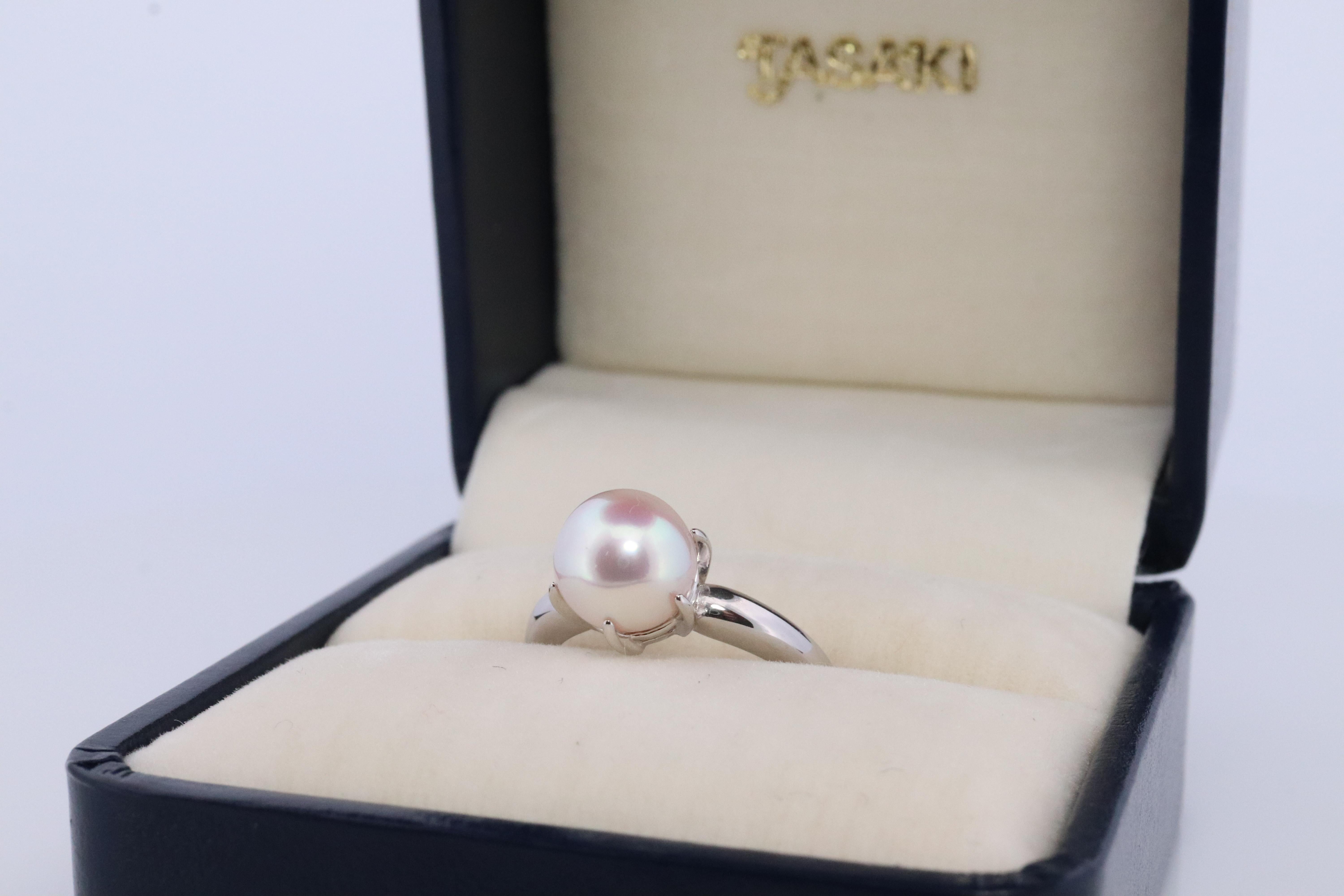 Round Cut TASAKTASAKI Ring. Genuine Platinum Pearl Solitaire. PT900 Akoya pearl Ring. Claw For Sale