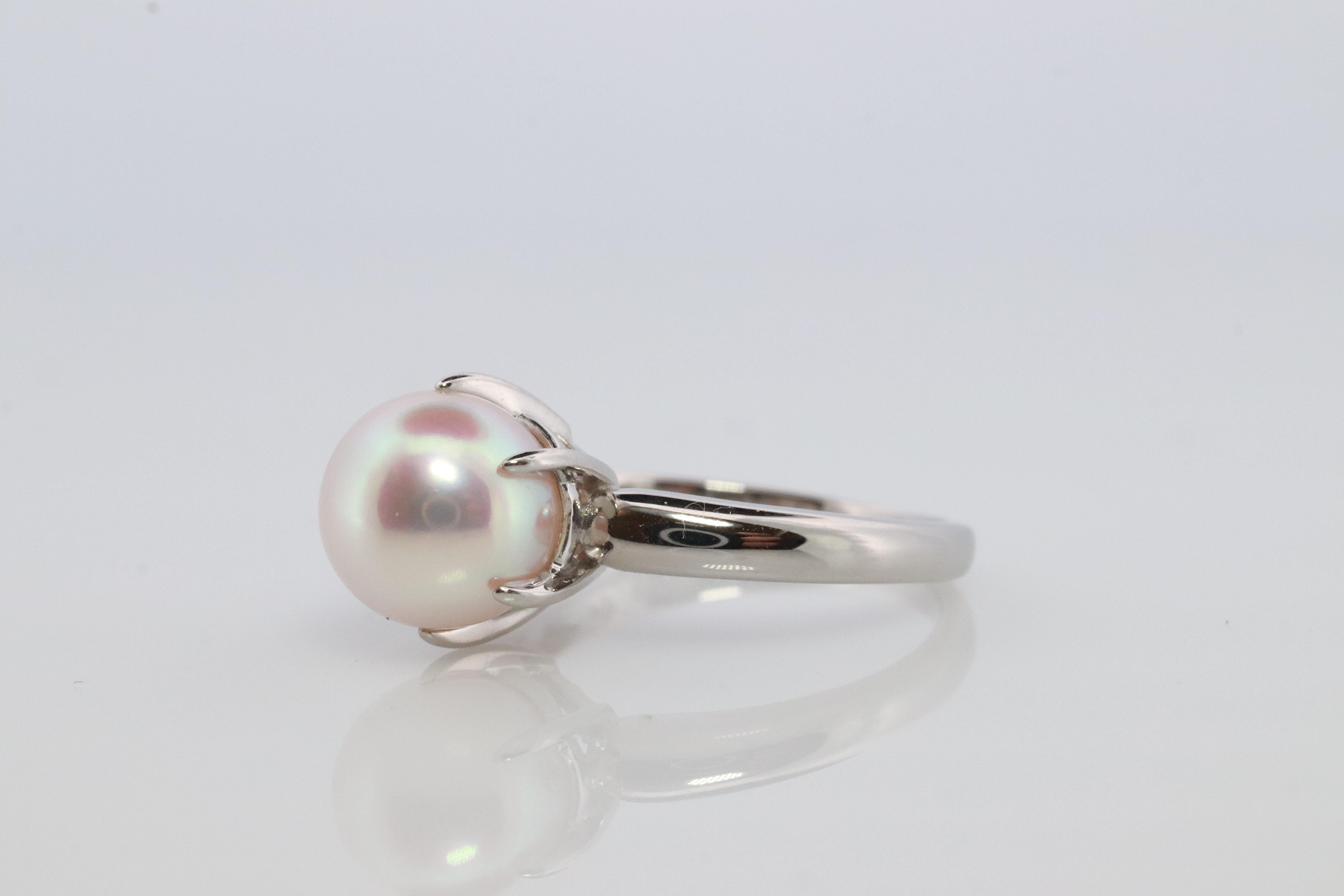 TASAKTASAKI Ring. Genuine Platinum Pearl Solitaire. PT900 Akoya pearl Ring. Claw In Good Condition For Sale In Port Charlotte, FL