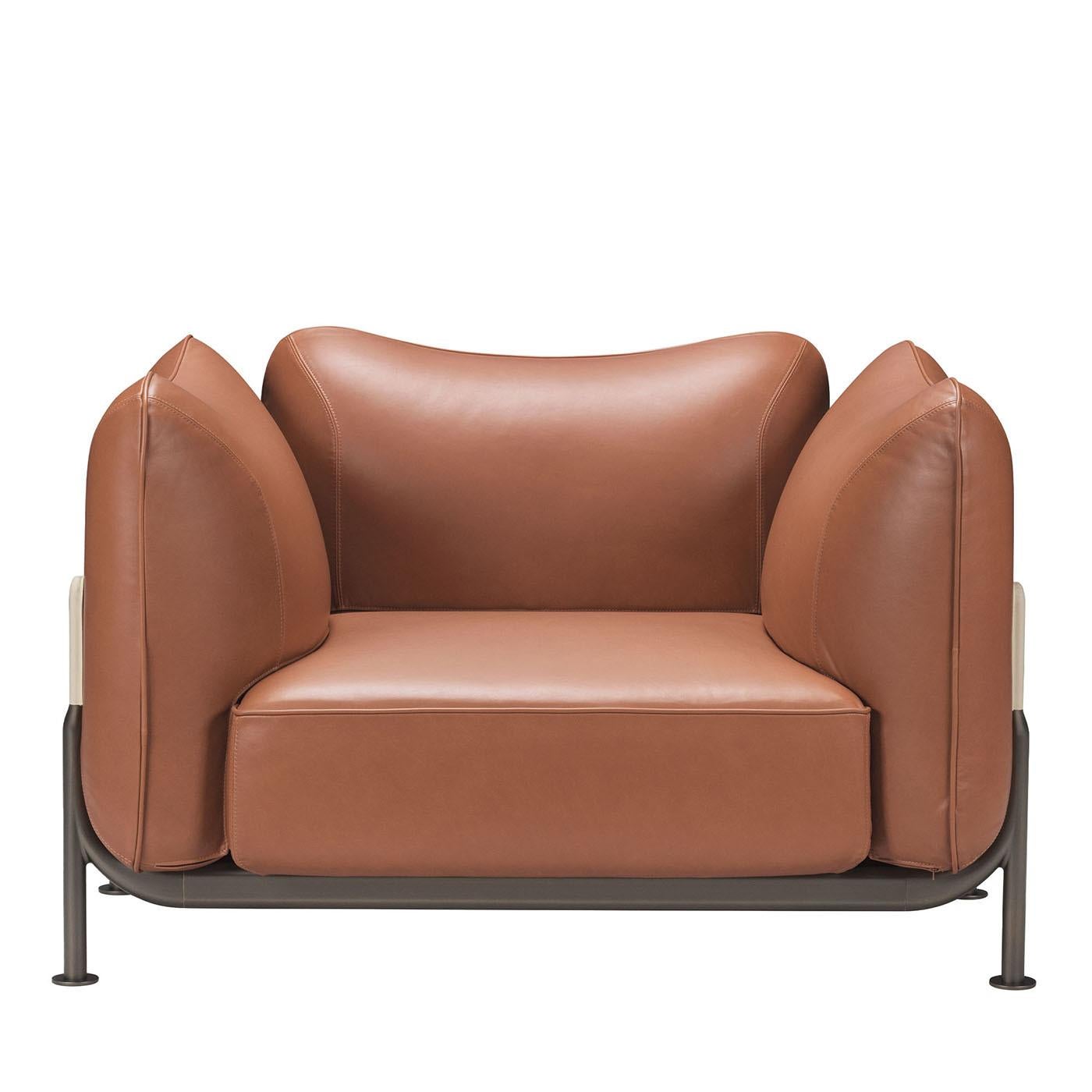 Sillón Tasca de piel tostada y latón by Ghidini 1961 Italiano en venta