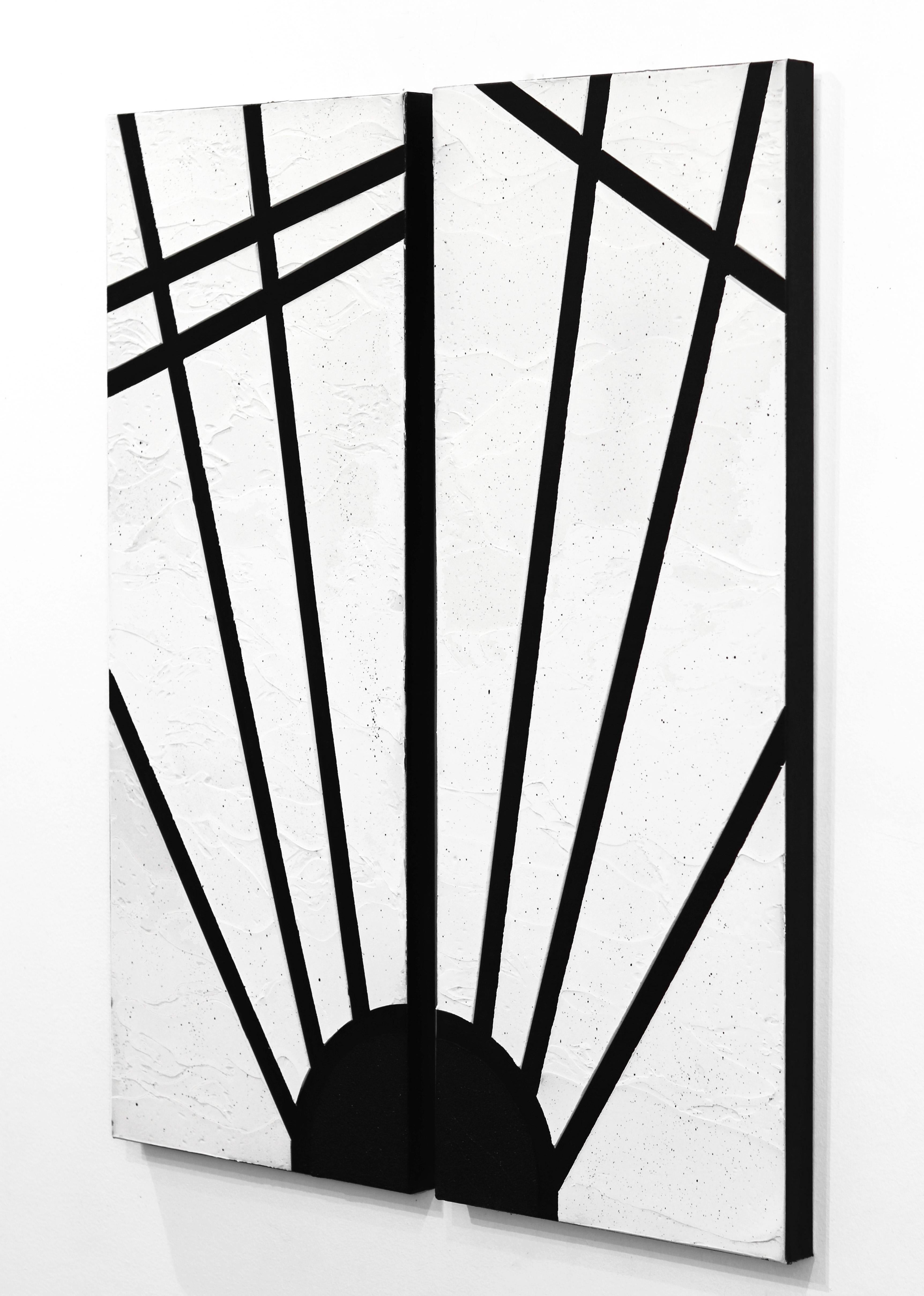 Daybreak (Diptyque) - Art abstrait géométrique texturé original en noir et blanc en vente 1