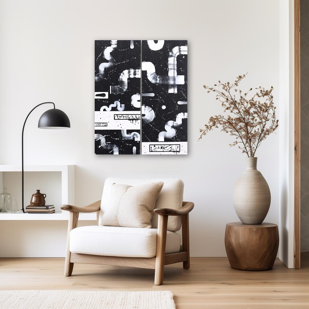 U Lights (Diptych) - Black and White Original Abstract Geometric Textured Art - Painting by Tasha Jentel