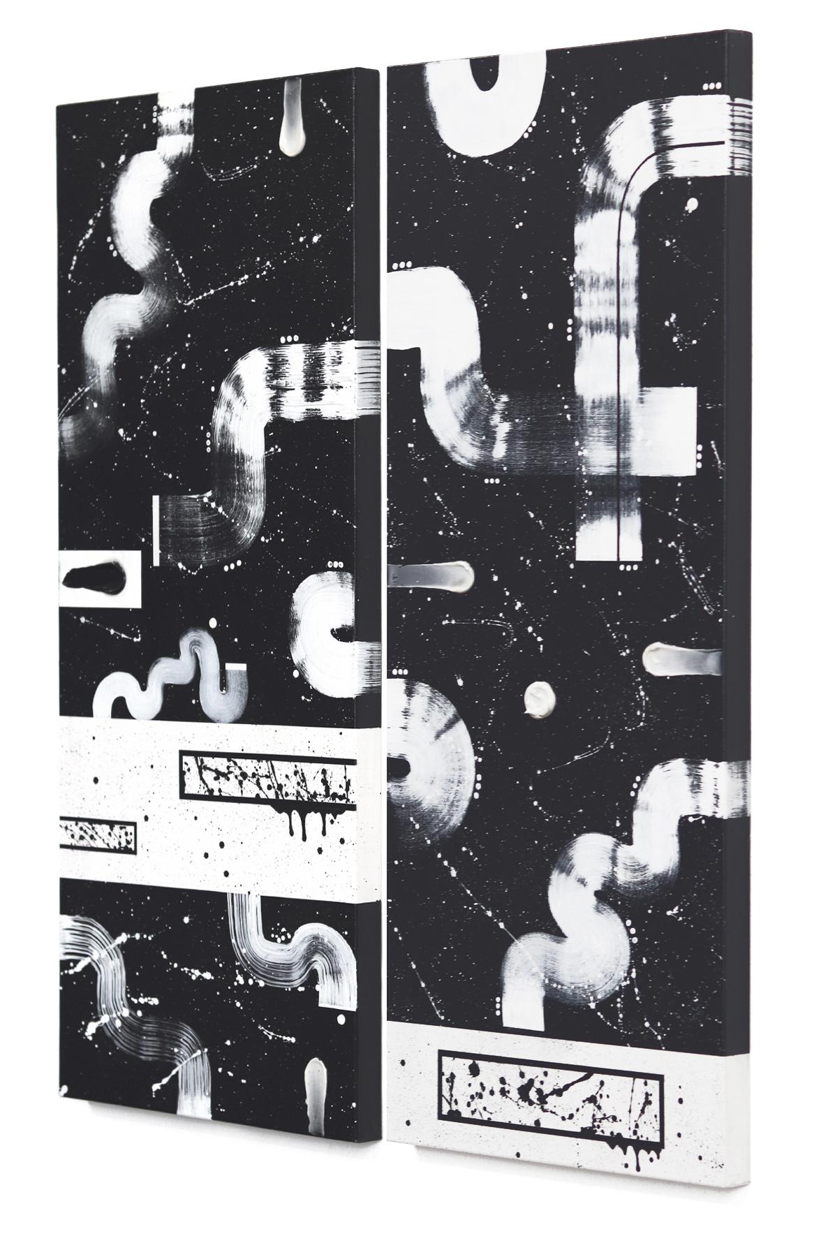 U Lights (Diptych) - Black and White Original Abstract Geometric Textured Art For Sale 1