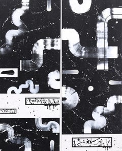 U Lights (Diptych) - Black and White Original Abstract Geometric Textured Art