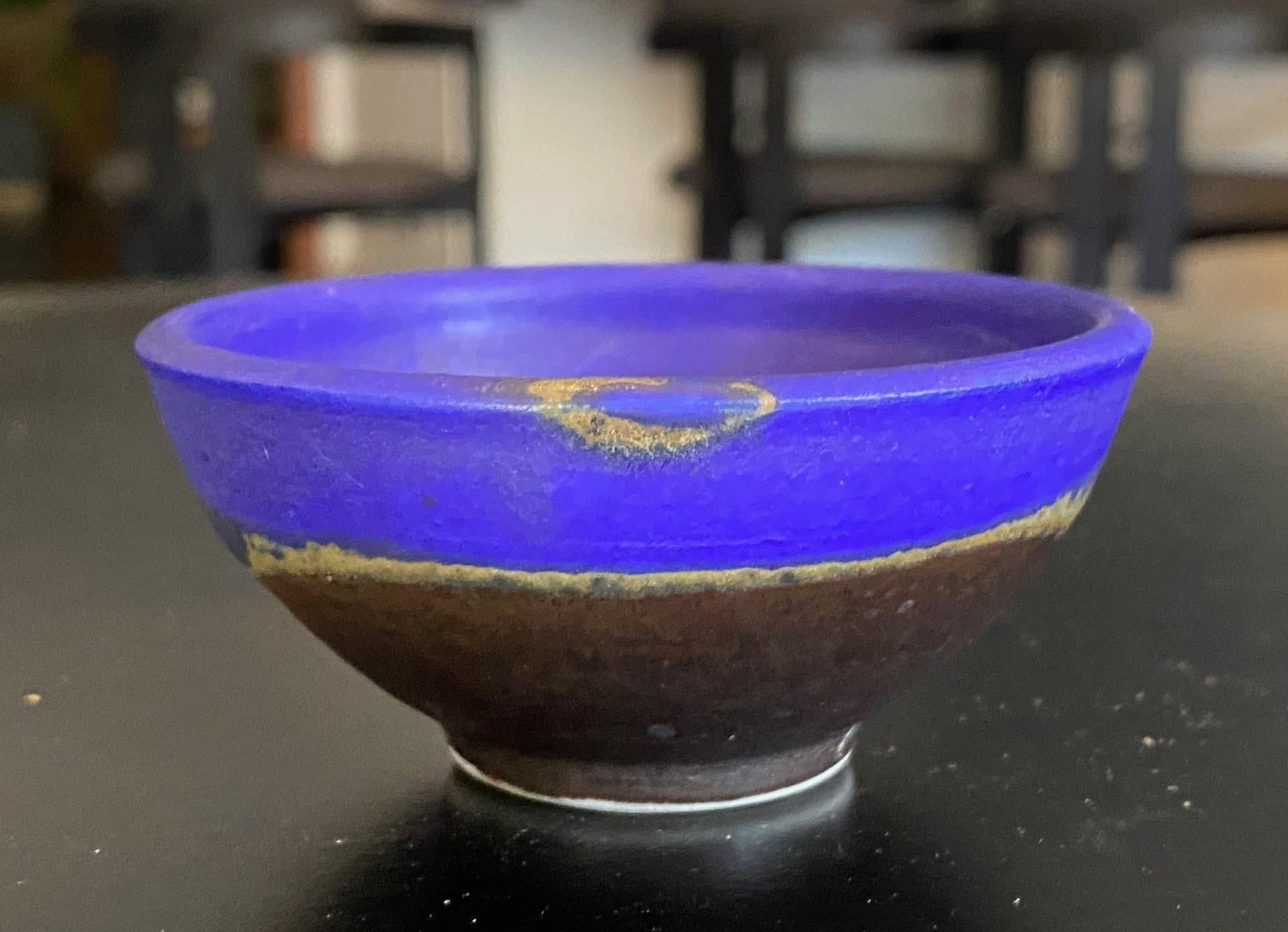 Fired Tashiko Tazaezu Signed Japanese Hawaiian Makaha Blue Pottery Chawan Tea Bowl