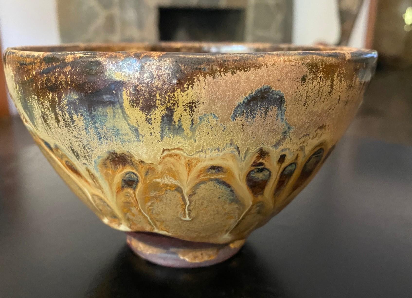 Cuit Tashiko Tazaezu Signé Japanese Hawaiian Studio Pottery Glazed Chawan Tea Bowl en vente