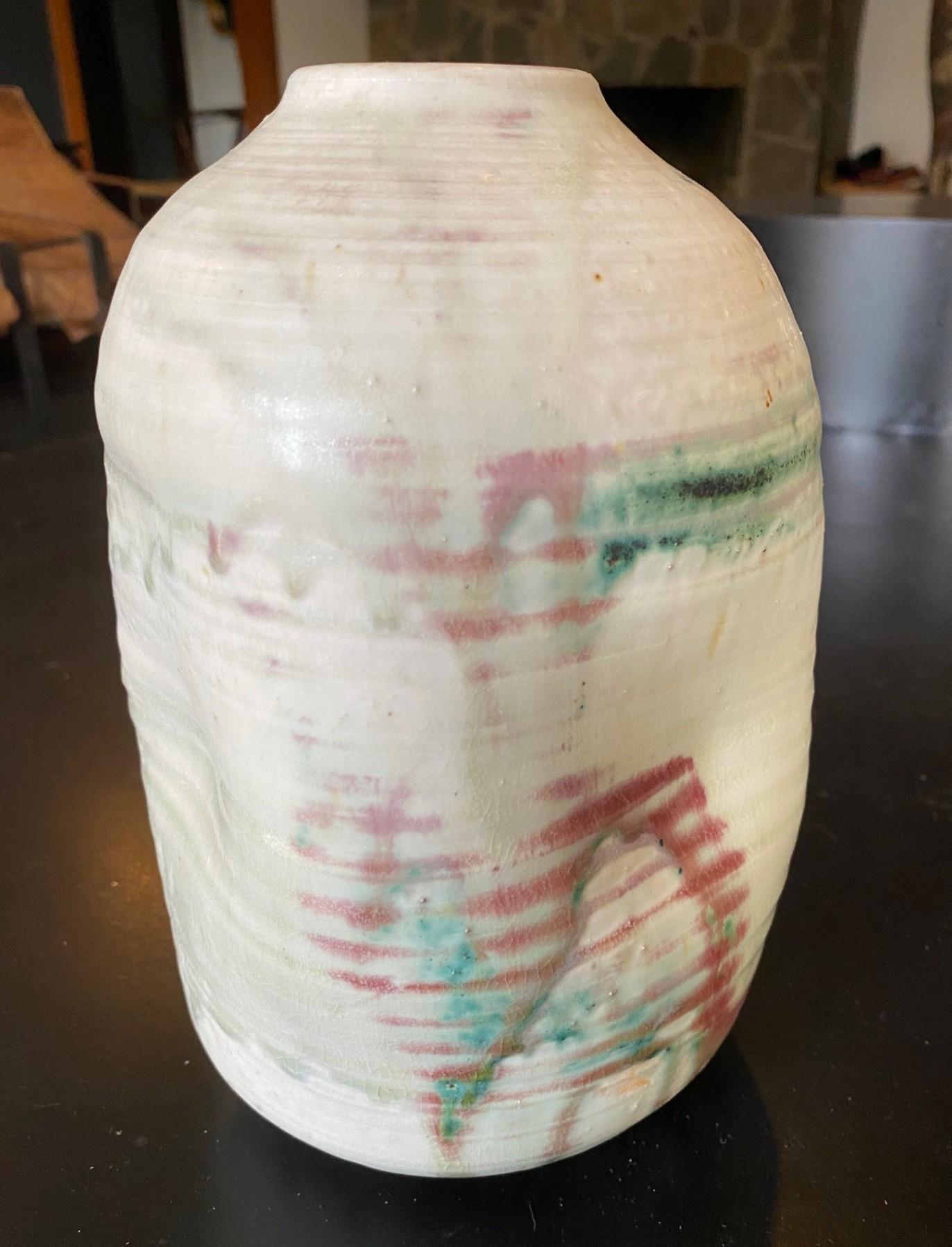 Porcelain Tashiko Tazaezu Signed Japanese Hawaiian Studio Pottery Modernist Abstract Vase For Sale