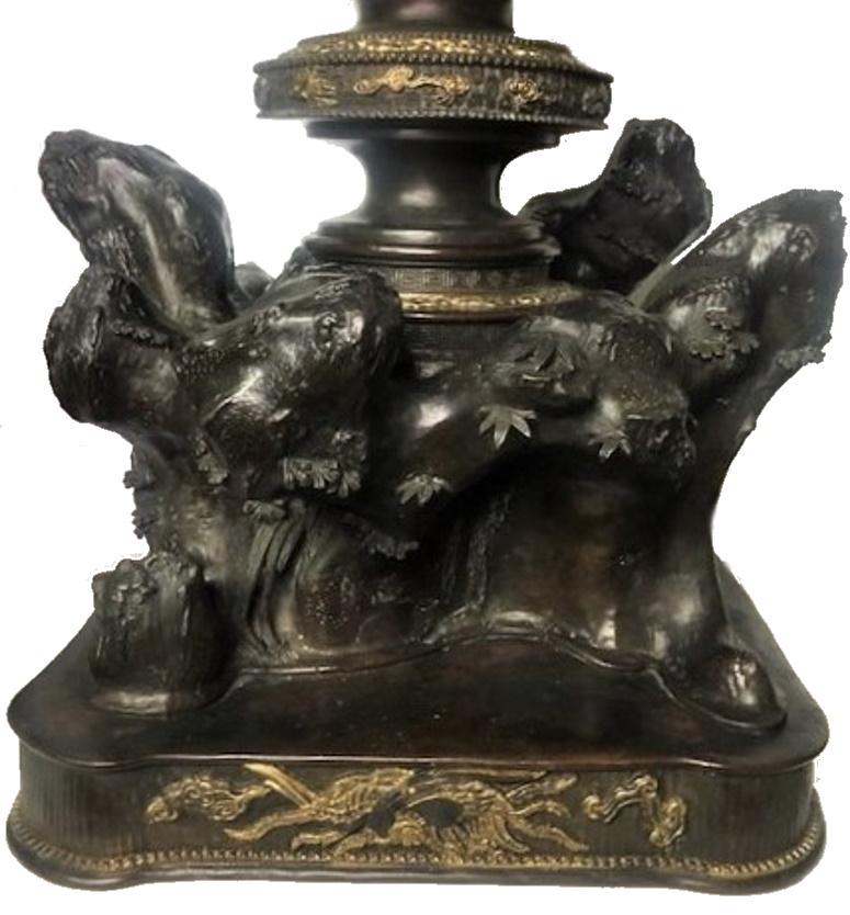 Bronze Meiji Period, Pair of Japanese Patinated & Gilt Lidded Vases, XIX Century