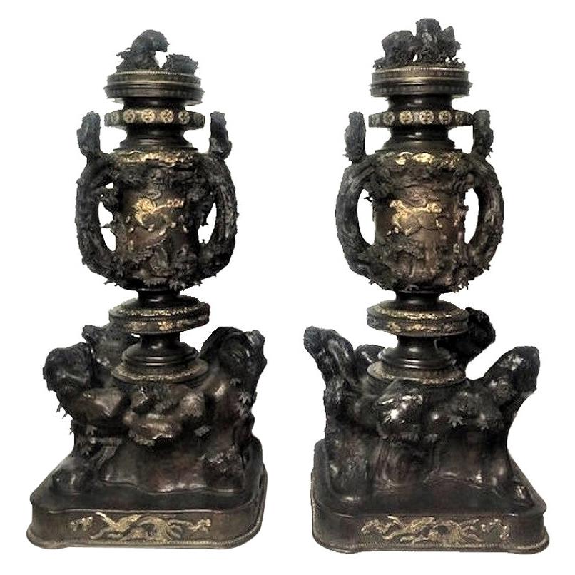 Meiji Period, Pair of Japanese Patinated & Gilt Lidded Vases, XIX Century