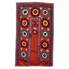 3.2x5.3 Ft Tashkent Suzani Textile in Red, Embroidered Cotton & Silk Bed Cover 