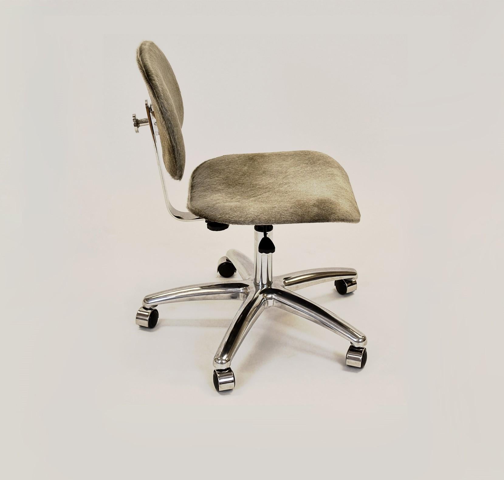 Task chair by Gentner Design
Dimensions: D 48 x W 50.8 x H 81 cm
Materials: stainless steel, hair on hide leather

A twist on the classic task chair, the hair-on-hide chair adds a refined touch to any desk. So rarely are precious materials