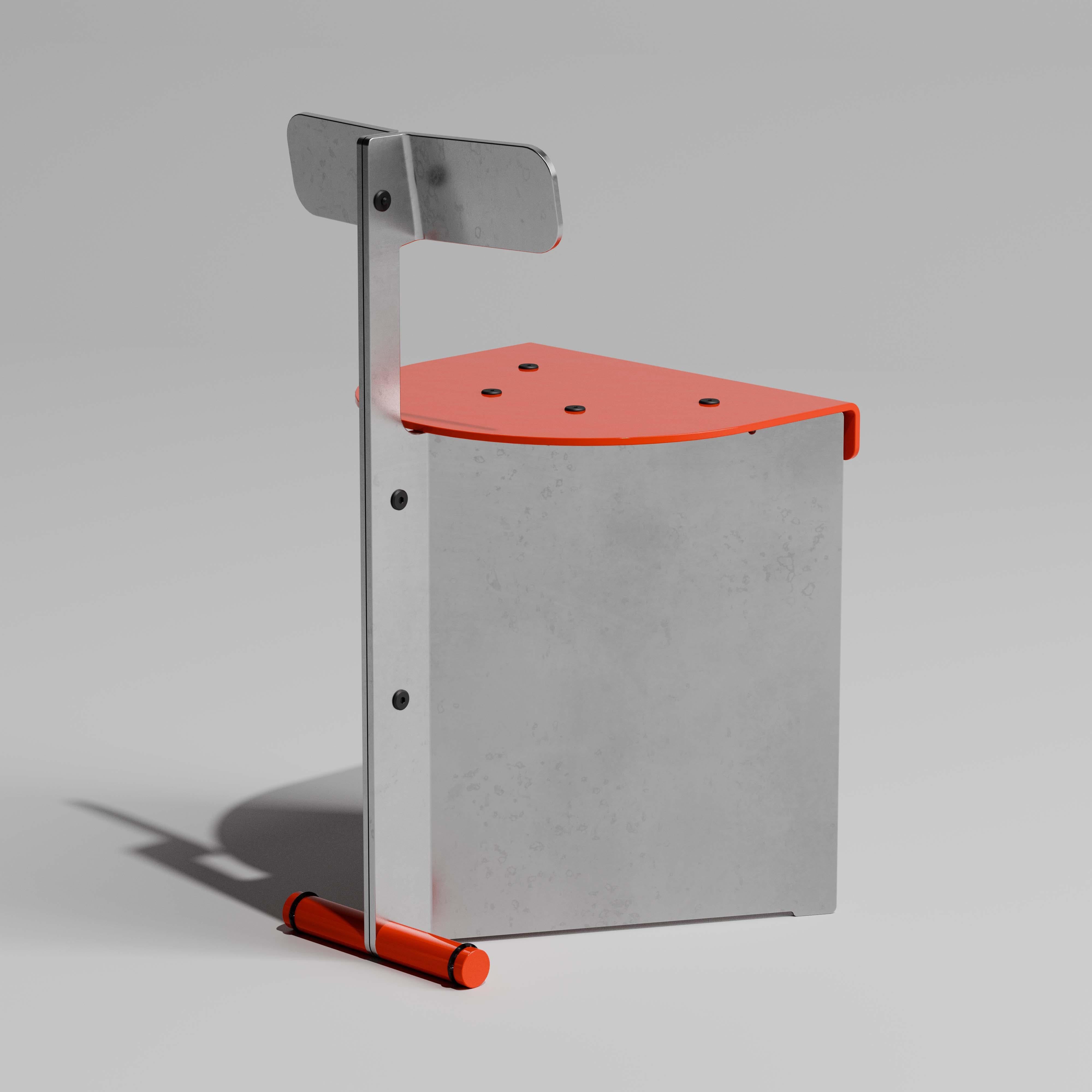 Una sencilla silla de aluminio fabricada a partir de tres componentes de aluminio conformados mediante frenado. 