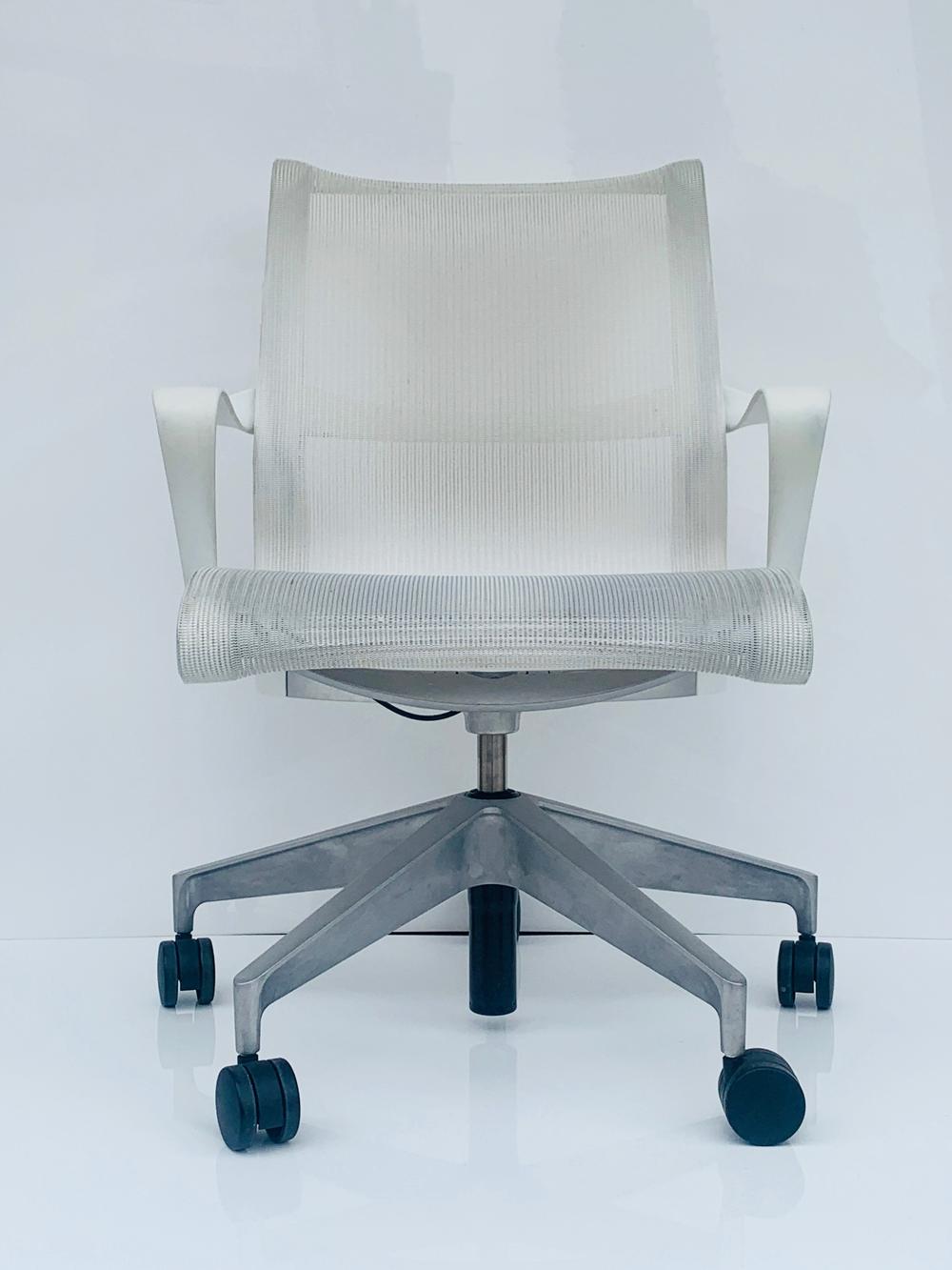 We have 6 chairs total, this listing is for one chair.

Design Studio 7.5, 2009
Die-cast aluminum, LyrisÂ™ fabric
Made by Herman Miller

Measurements:
37.25-32.50 inches adjustable height x 23.50 wide x 26 inches deep x 27.50-23.25 arm height
