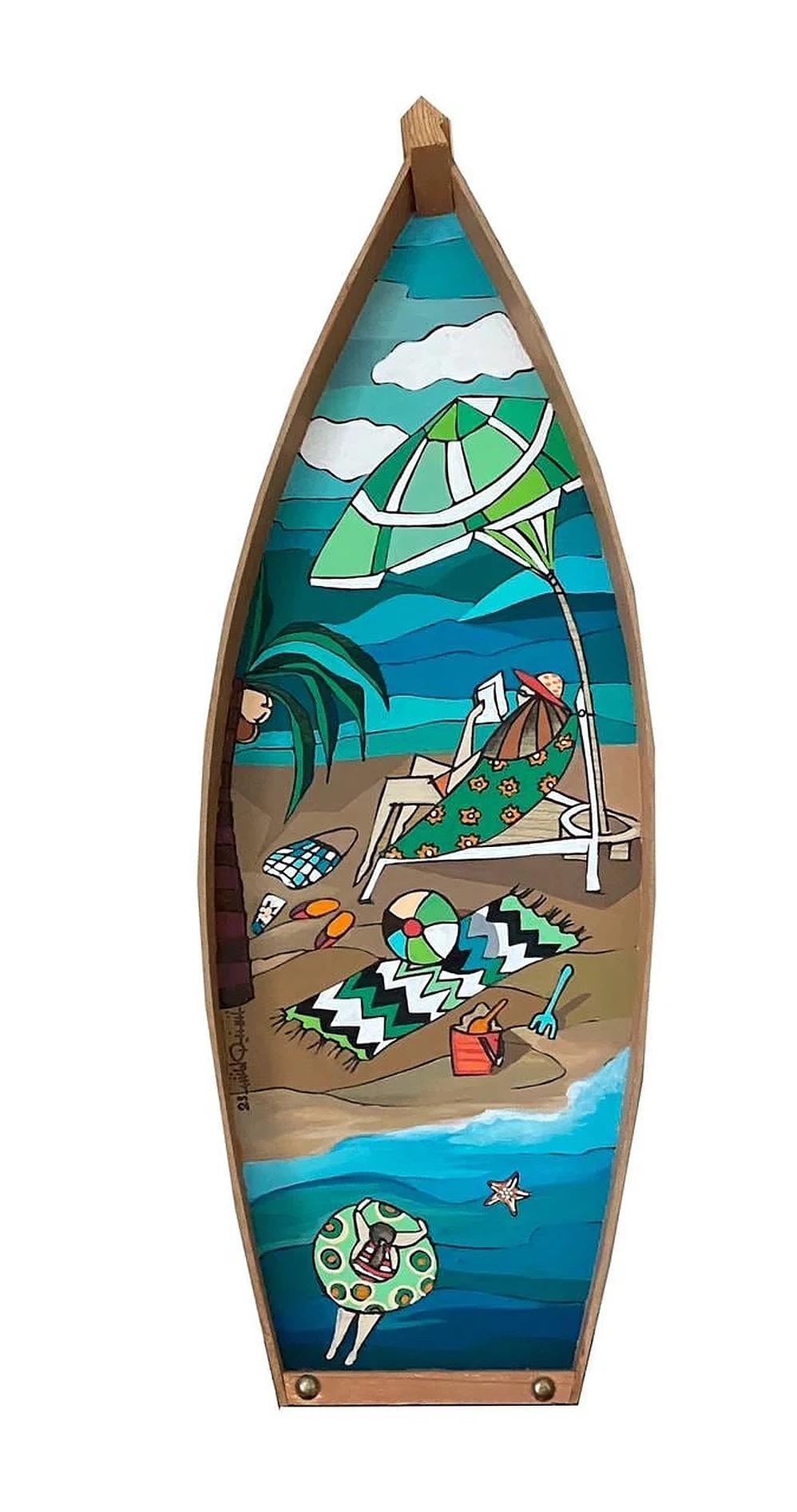 "Beach Boat" Painting 28" x 10" inch by Tasneem El-Meshad
