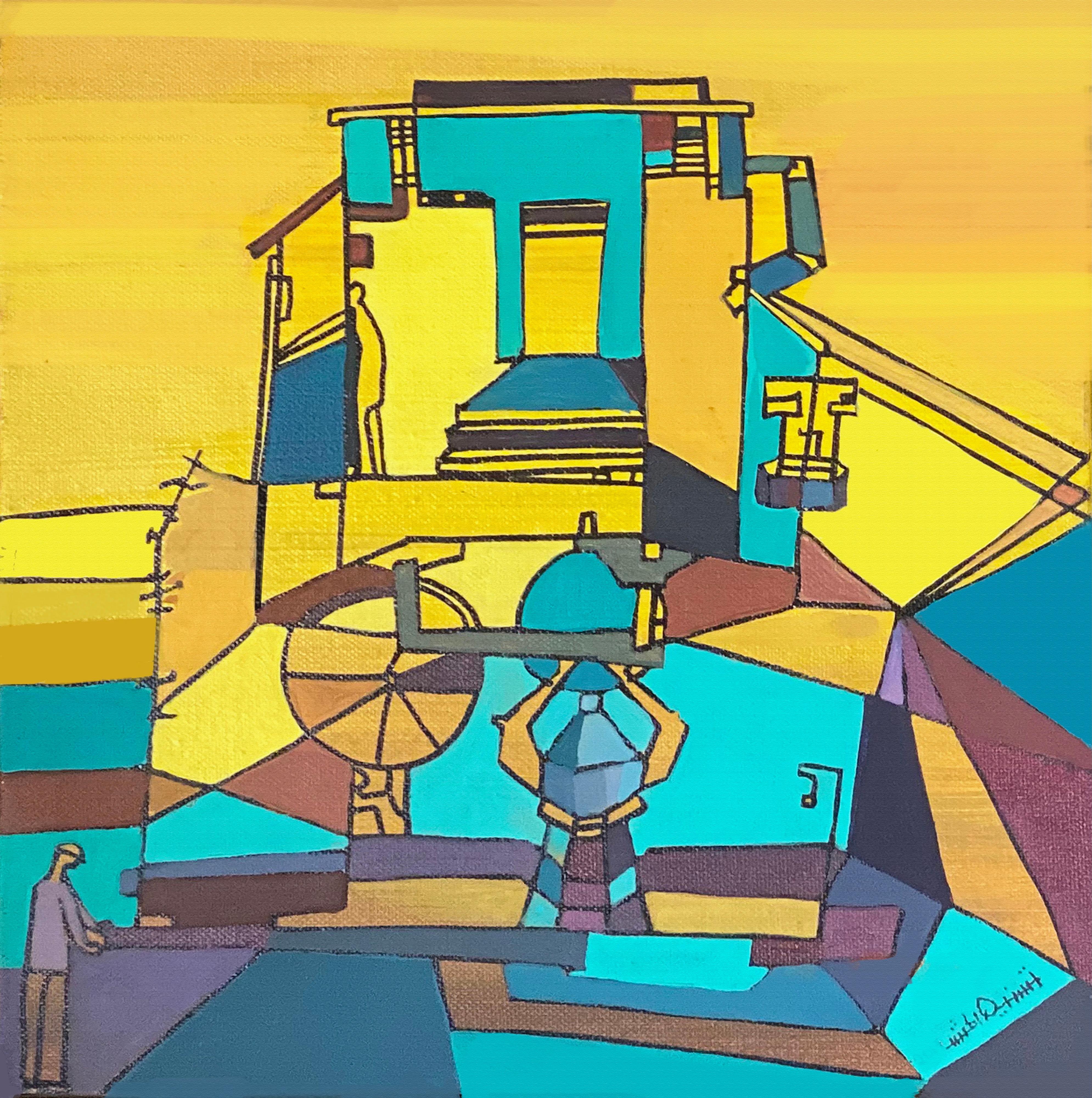 Tasneem El Meshad Figurative Painting - "Cable Car" Abstract Painting 12" x 12" inch by Tasneem El-Meshad