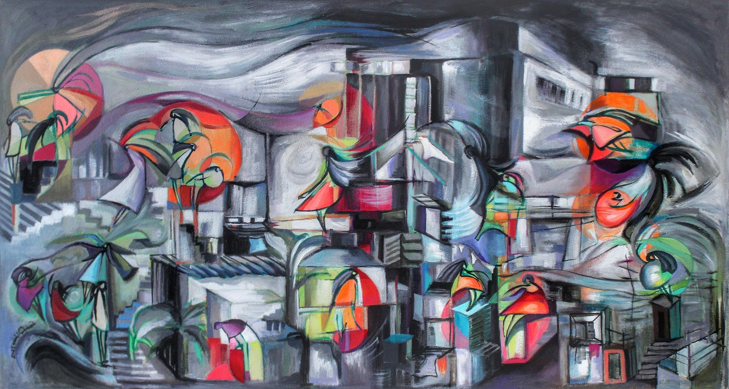 Tasneem El Meshad Abstract Painting - "Flares of Hope" Painting 28" x 51" inch by Tasneem El-Meshad