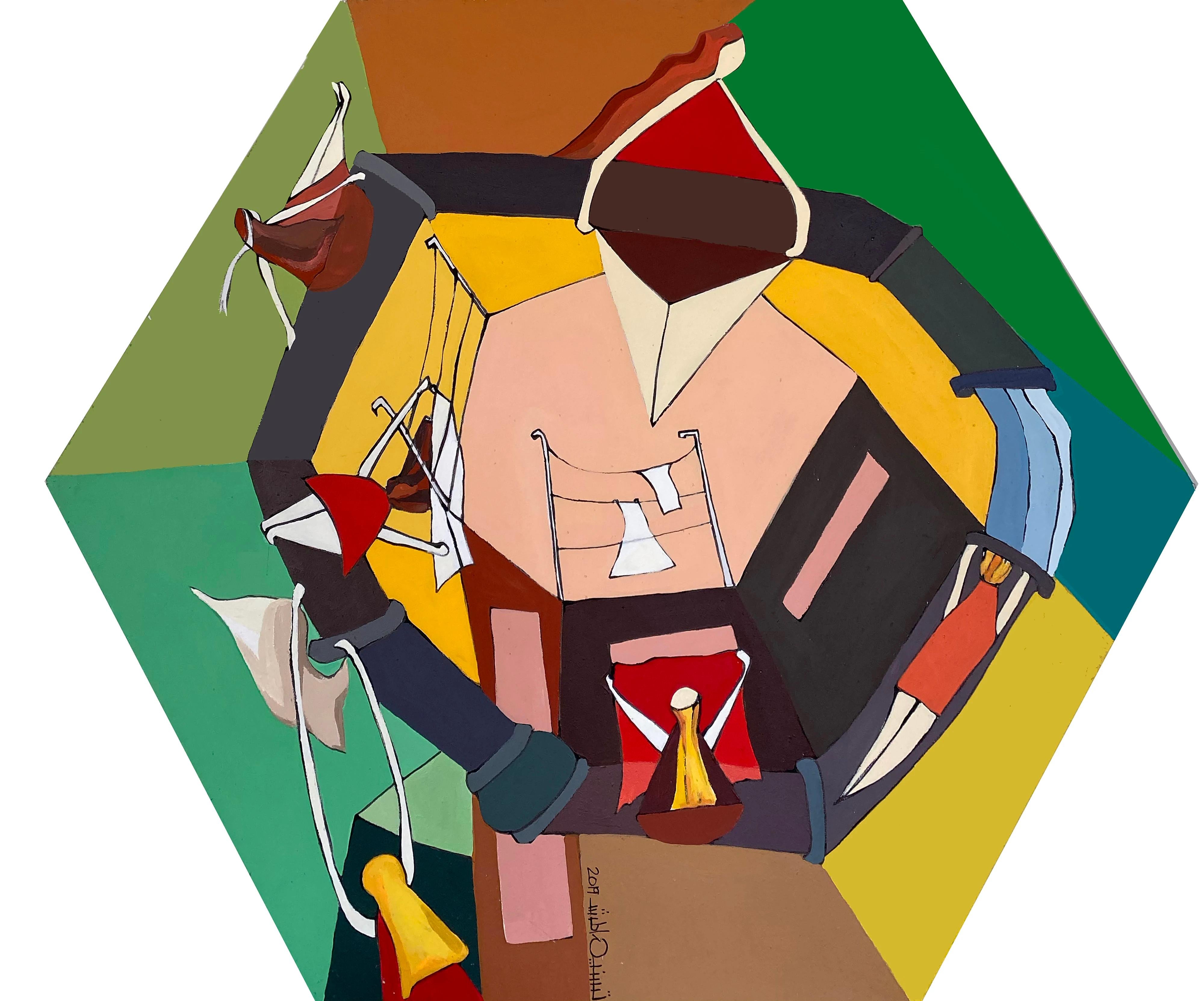 « The Loop II », peinture figurative abstraite de 39" x 39" pouces par Tasneem El-Meshad