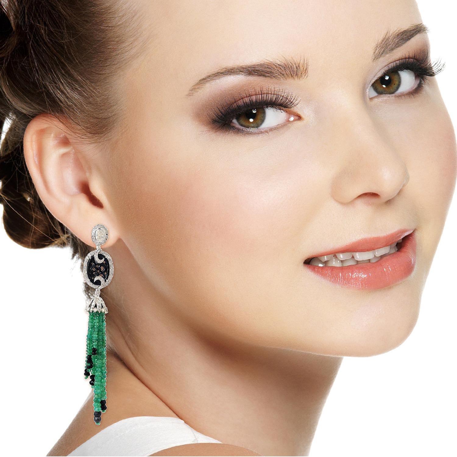 Contemporary 28.3 Carat Emerald Diamond Carved Onyx Tassel Earrings For Sale