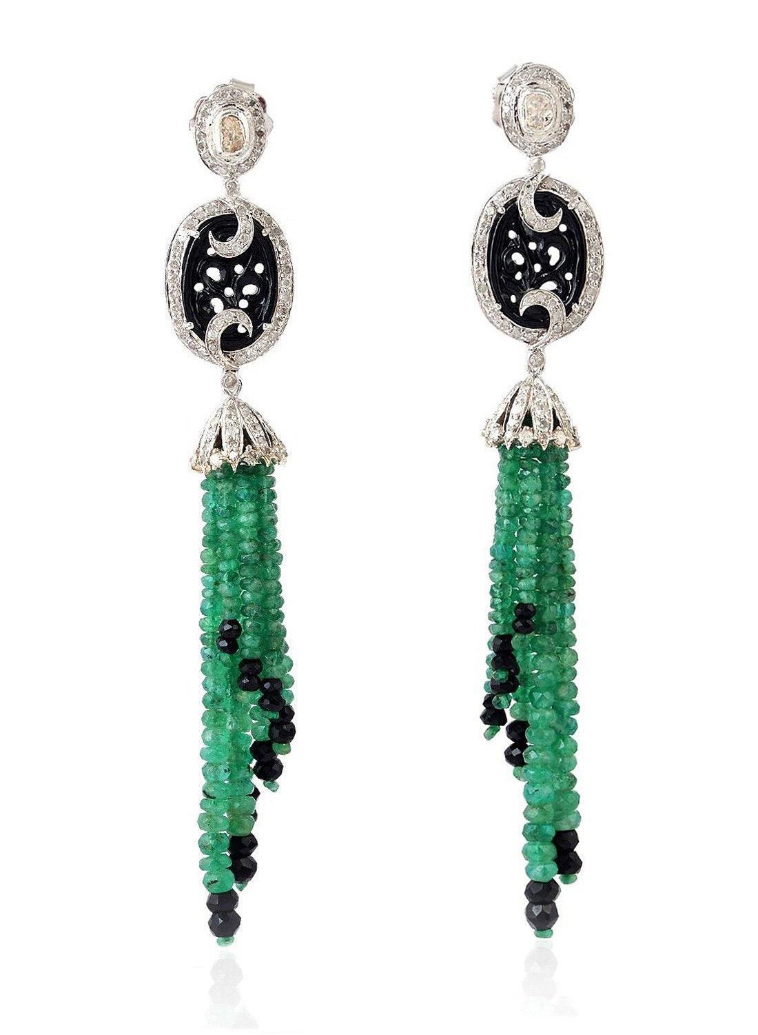 Bead 28.3 Carat Emerald Diamond Carved Onyx Tassel Earrings For Sale