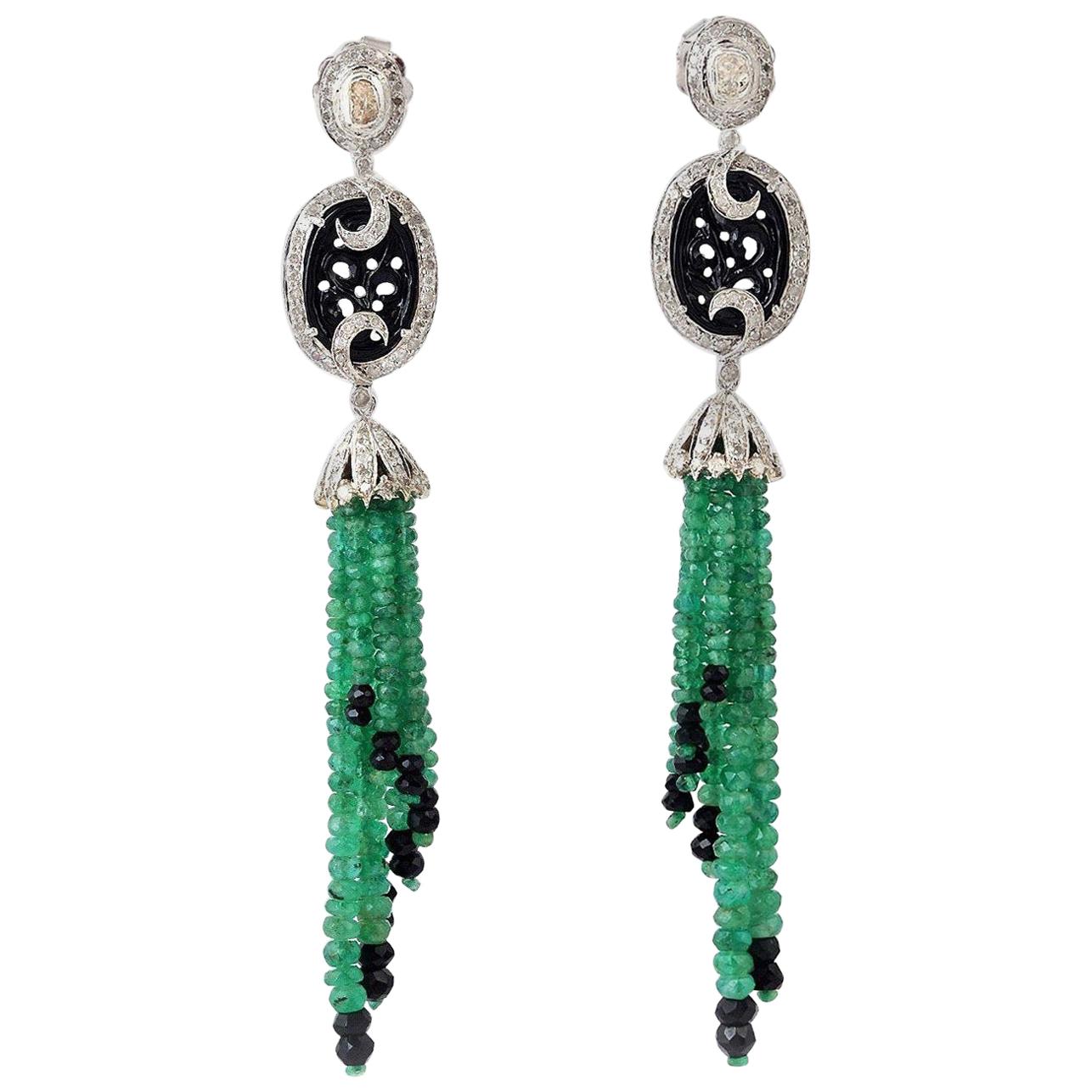 28.3 Carat Emerald Diamond Carved Onyx Tassel Earrings For Sale