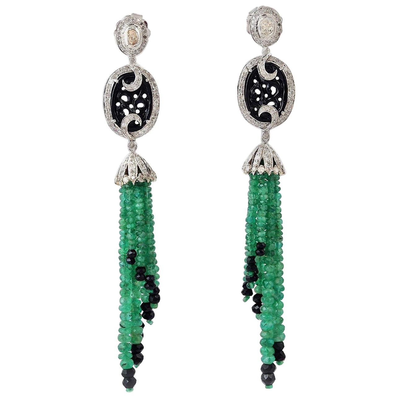 28.3 Carat Emerald Diamond Carved Onyx Tassel Earrings