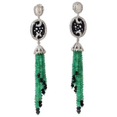 28.3 Carat Emerald Diamond Carved Onyx Tassel Earrings