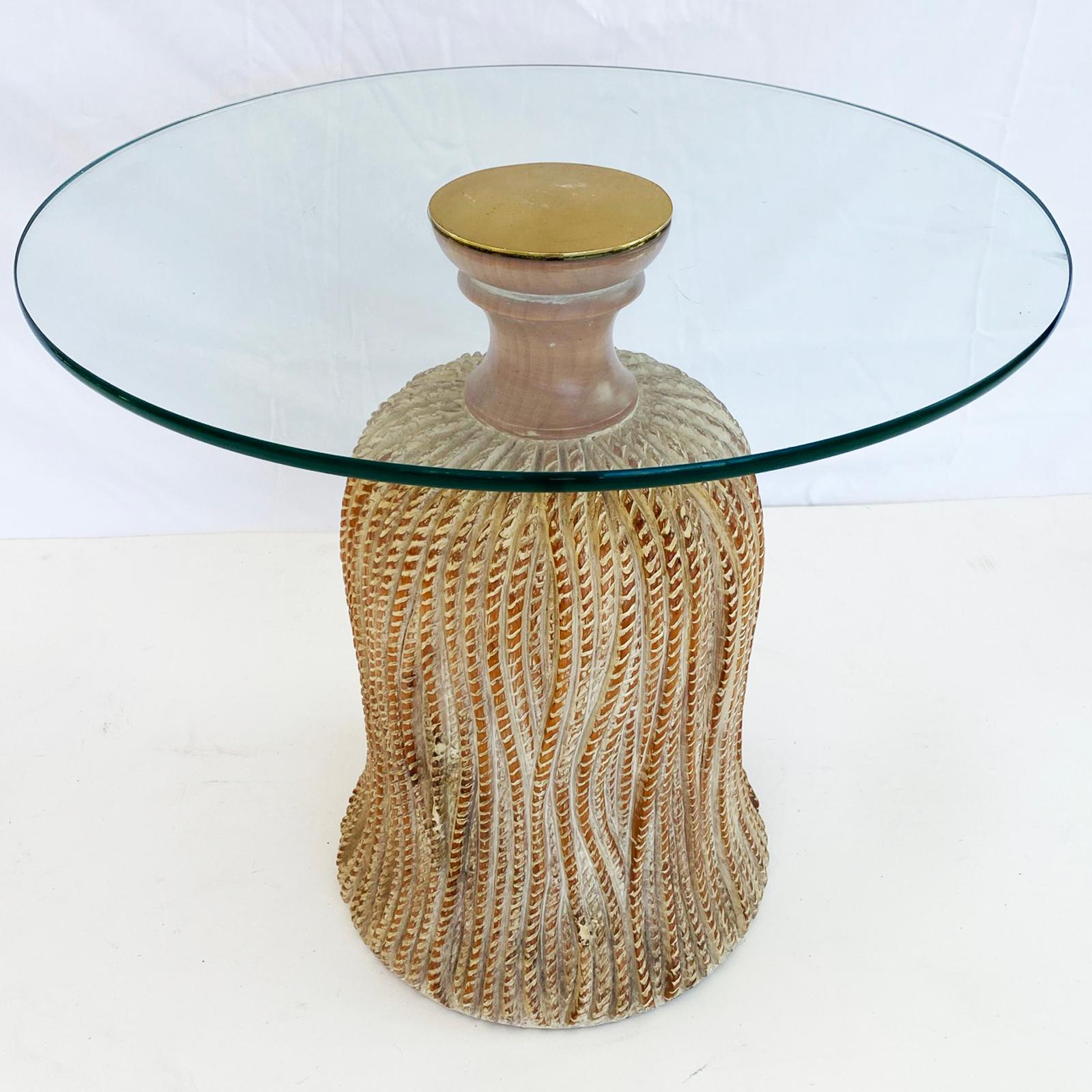 Late 20th Century Tassel-Carved Accent Table with Glass Top For Sale