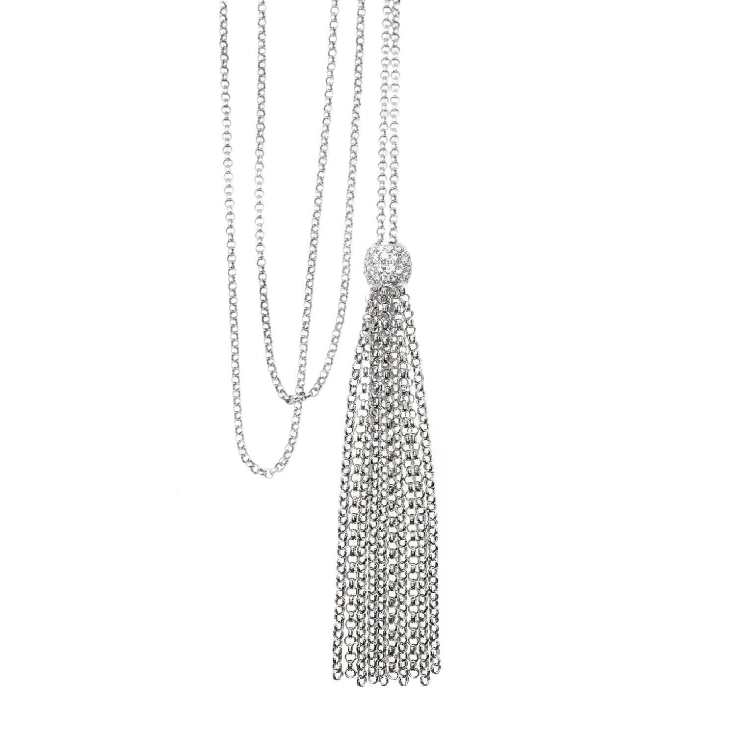 Tassel Diamond Ball Necklace, Long 18 Karat White Gold For Sale