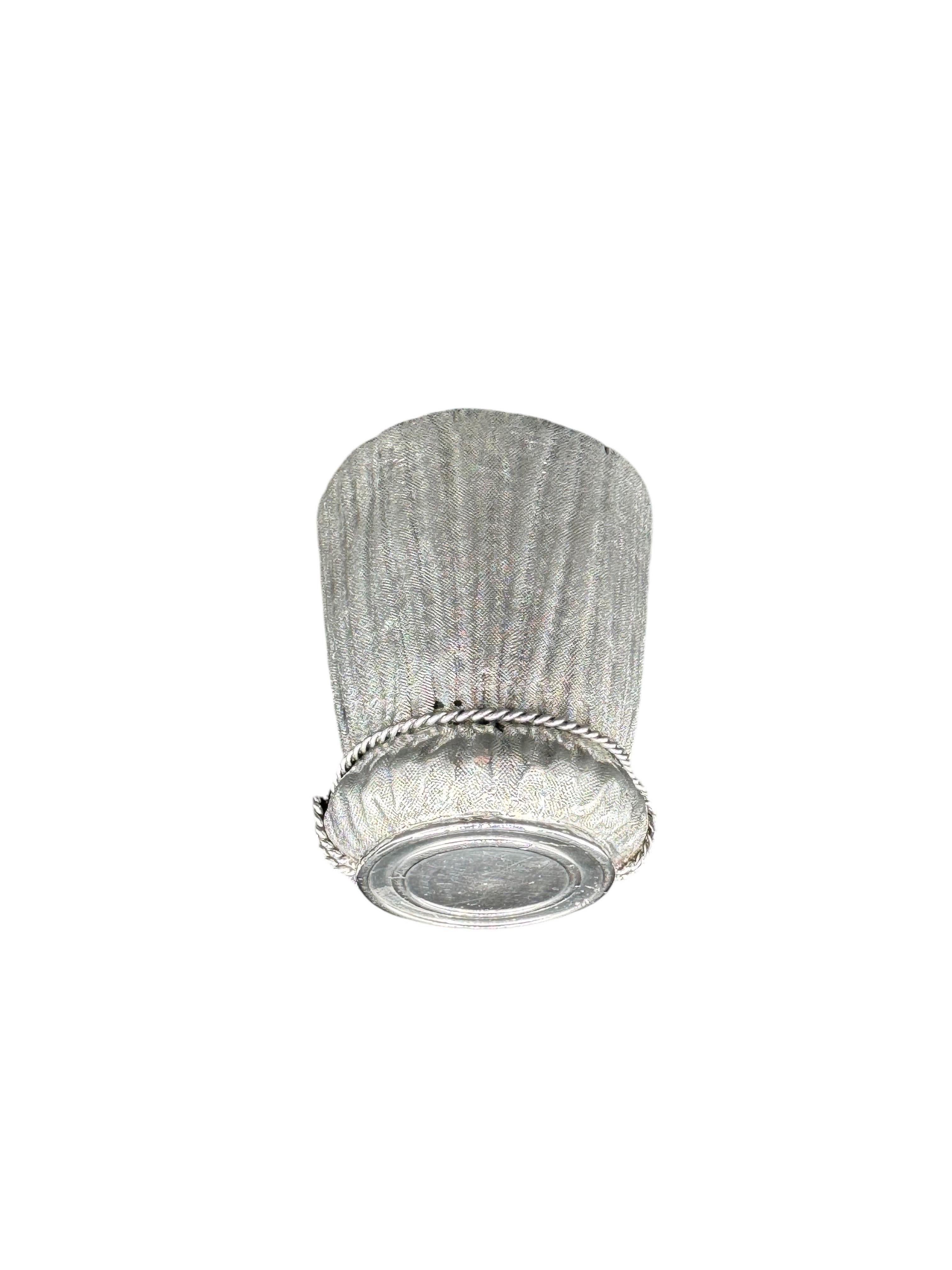 Tassel Form Russian Silver Cordial or Shot Cup 

  This finely crafted piece has alternating polished 
& textured surfaces with a polished braided string form 
decoration gathering near base  