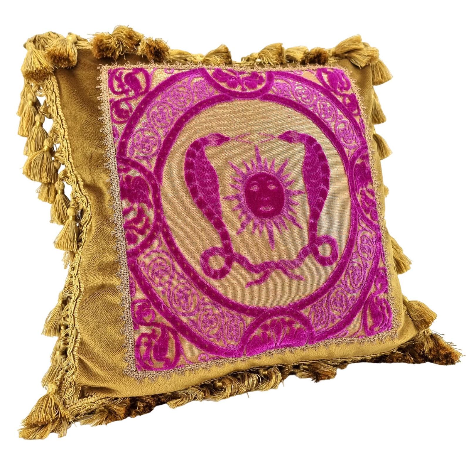 This amazing luxury pillow with gold tassel trim all around the four edges is handmade using Rubelli velvet in antique gold color embellished with front positioned panel in Luigi Bevilacqua fuchsia silk handmade velvet 