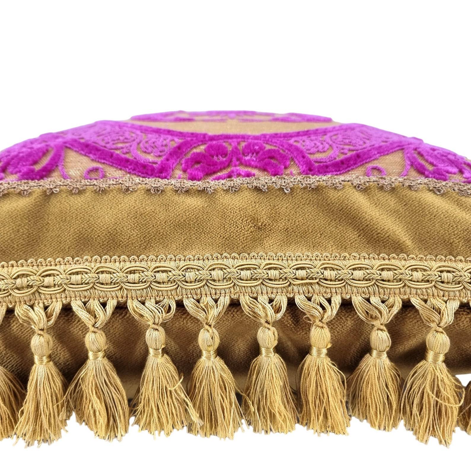 Italian Tassel Fringe Pillow with Front Panel Bevilacqua Handmade Velvet Maraja Pattern