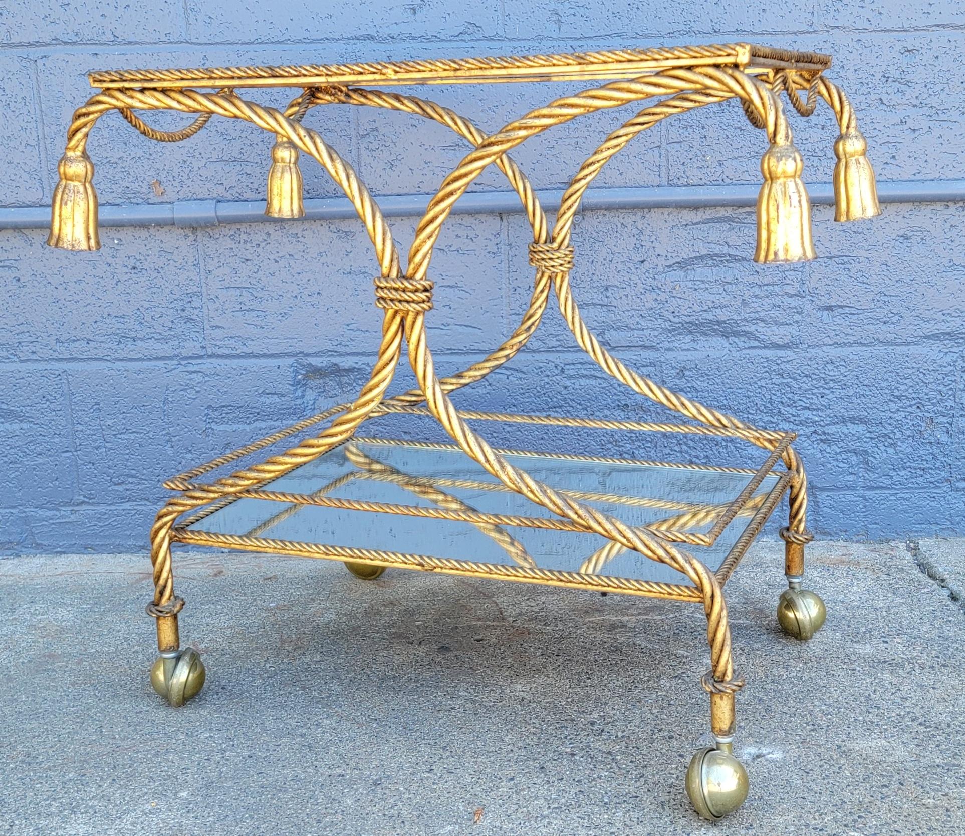 Italian Tassel Gilt Iron Bar Cart Hollywood Regency